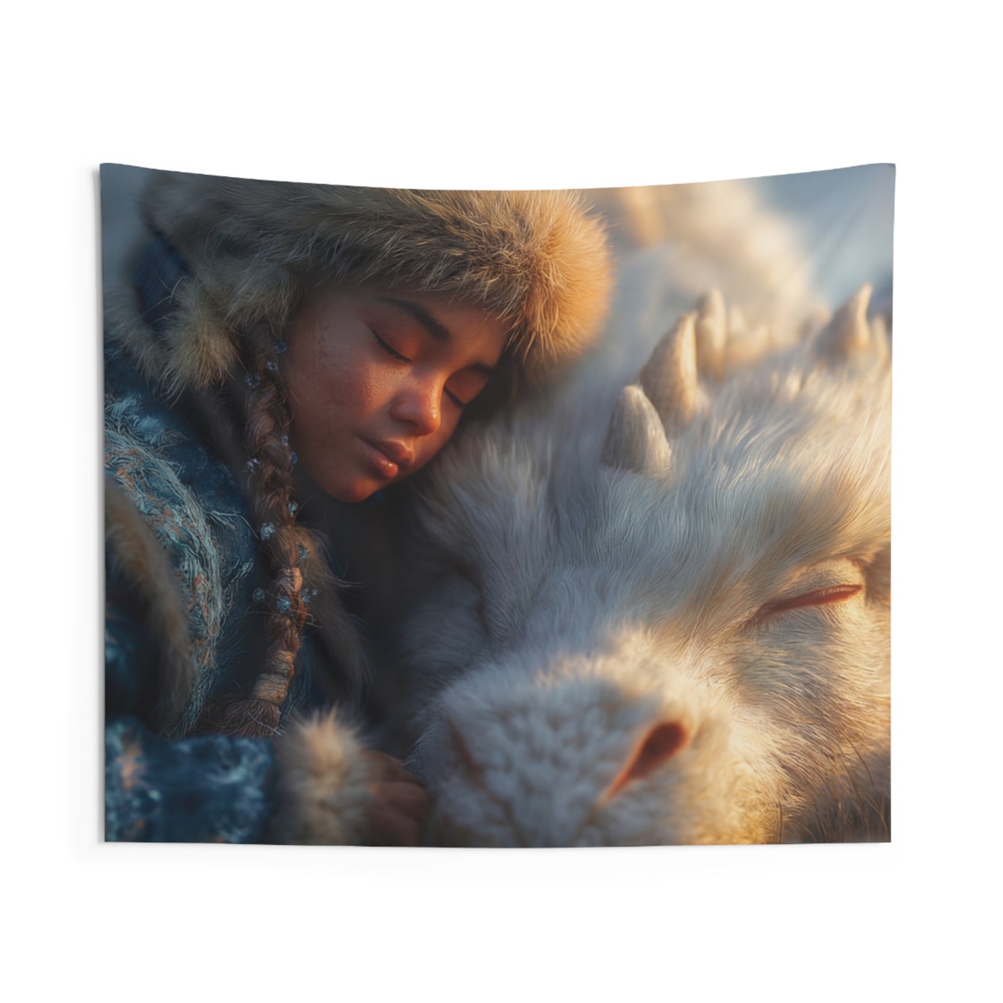 Winter’s Whisper Indoor Wall Tapestries – Child and Dragon in Frost Bloom