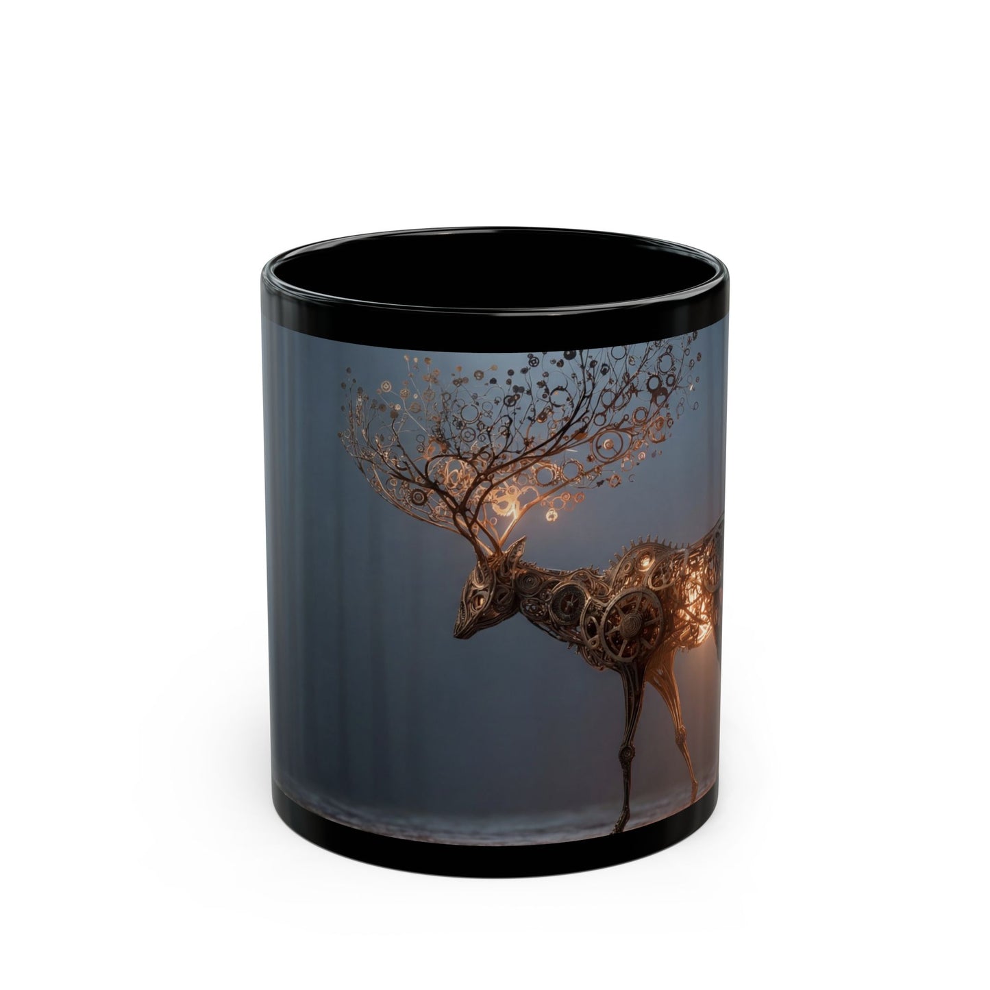 Clockwork Stag Black Mug – Luminescent Forest Mechanism