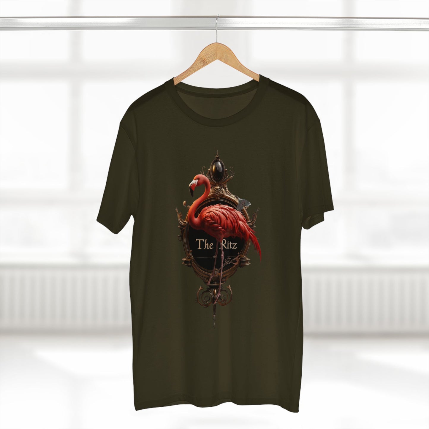Crimson Flamingo The Ritz Tee – Ornate Gold Crest & Elegant Bird Art