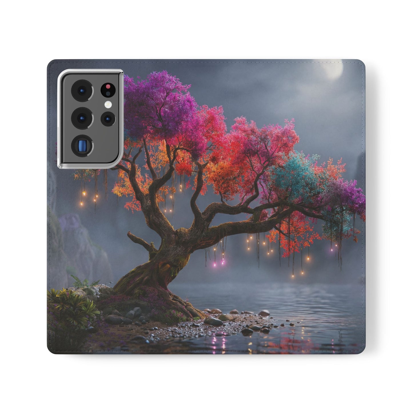 Chromatic Canopy Flip Cases – Rainbow Tree Moonlit Waterfall Scene