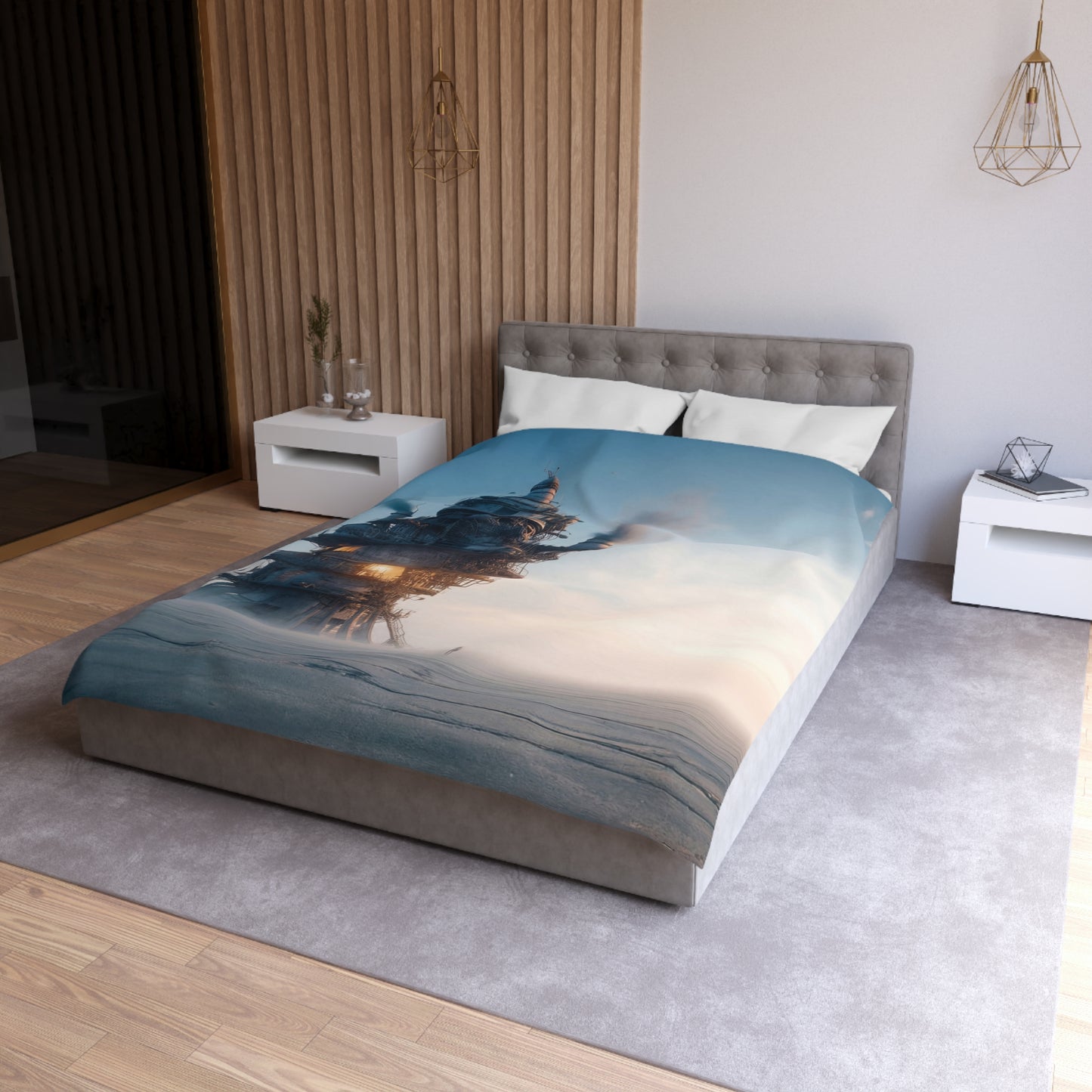 Skyward Steam Tower Microfiber Duvet Cover – A孤独 Sentinel in Dawn’s Hush