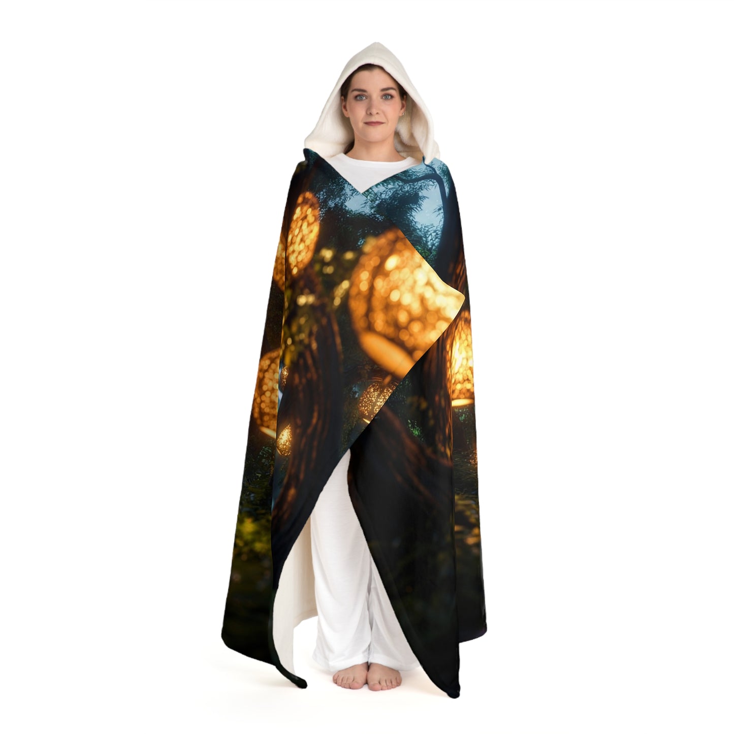 Luminous Forest Path Hooded Sherpa Fleece Blanket – Golden Lanterns Through Whispering Trees