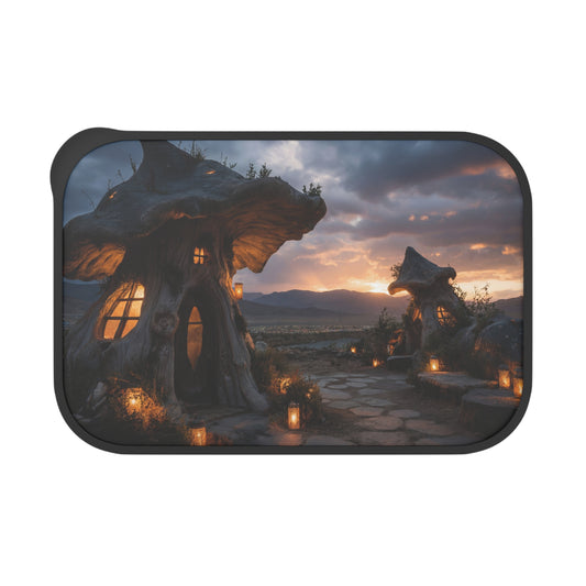 Twilight Mushroom Cottage PLA Bento Box with Band and Utensils – Warm Glow Over Mountain Vista