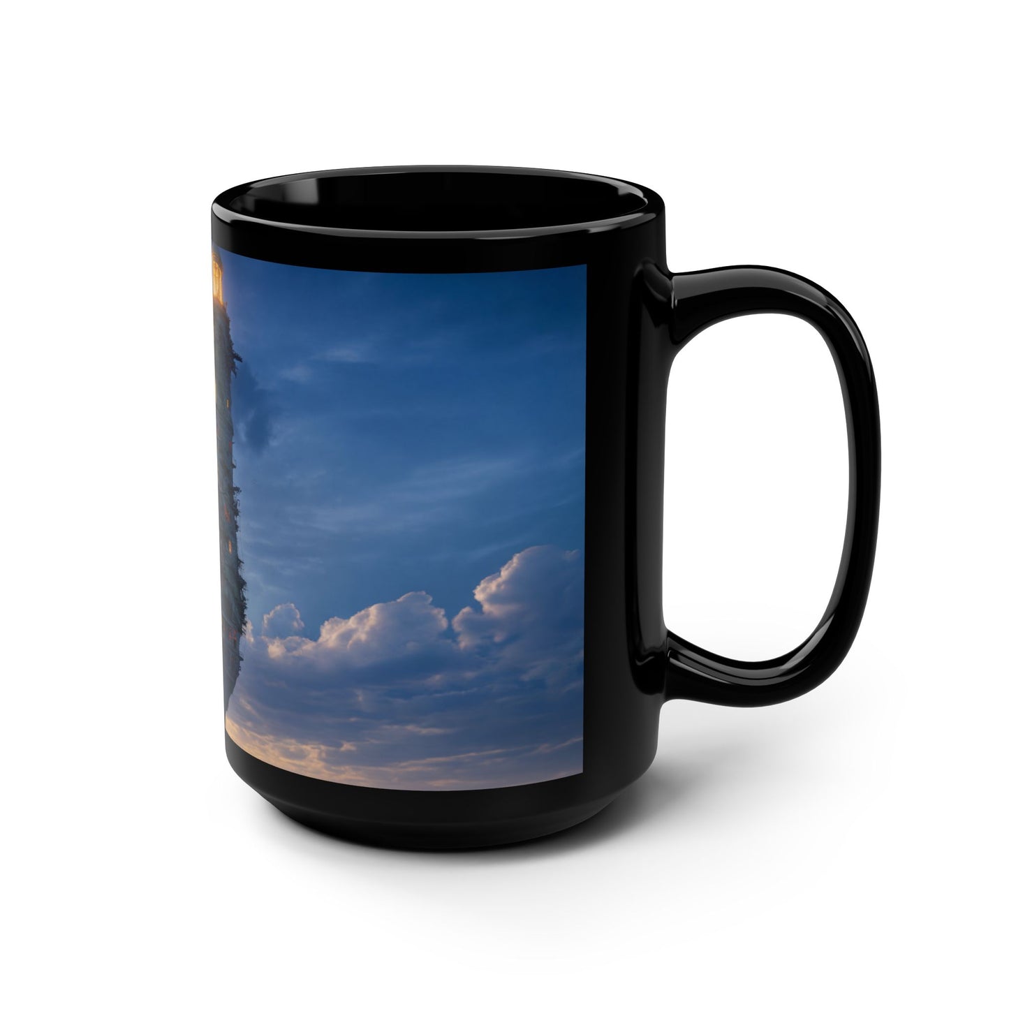 Towering Lighthouse Black Mug, 15oz – Glowing Beacon on Calm Sea