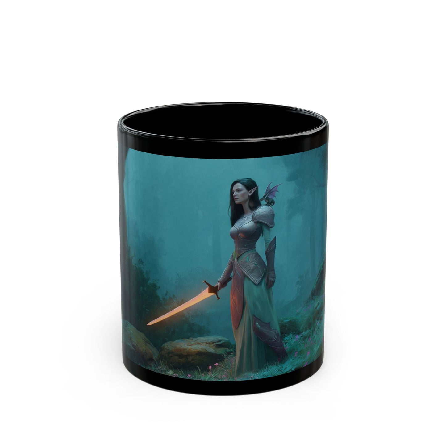 Twilight Sentinel Black Mug – Misty Forest Guardian with Glowing Sword