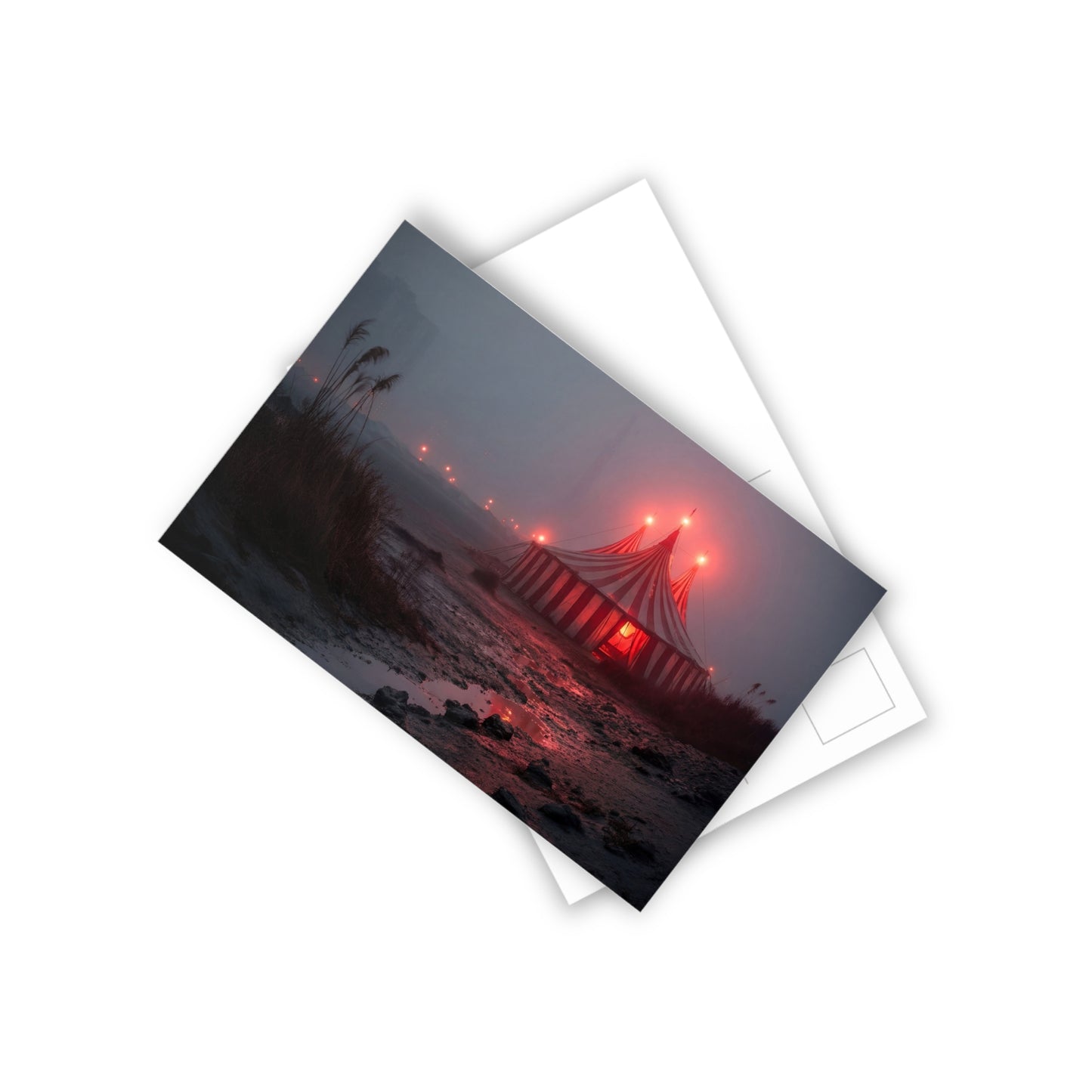 Crimson Carnival Tent Postcards (10pcs) – Fog-Wrapped Wonder on the Shore