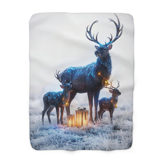 Starlight Stag Trio Blanket – Frosty Forest Guardians with Golden Bells