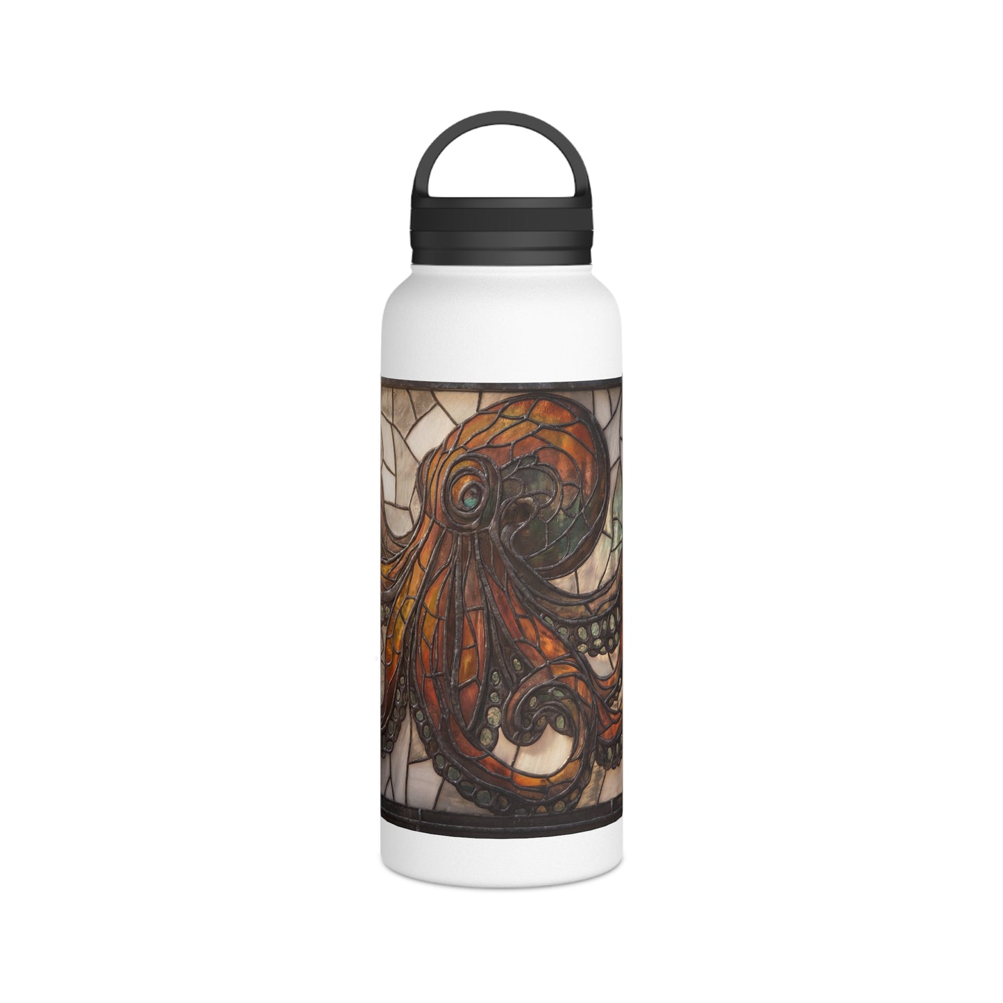 Stained Glass Octopus Water Bottle – Amber Depths & Iron Lace Design