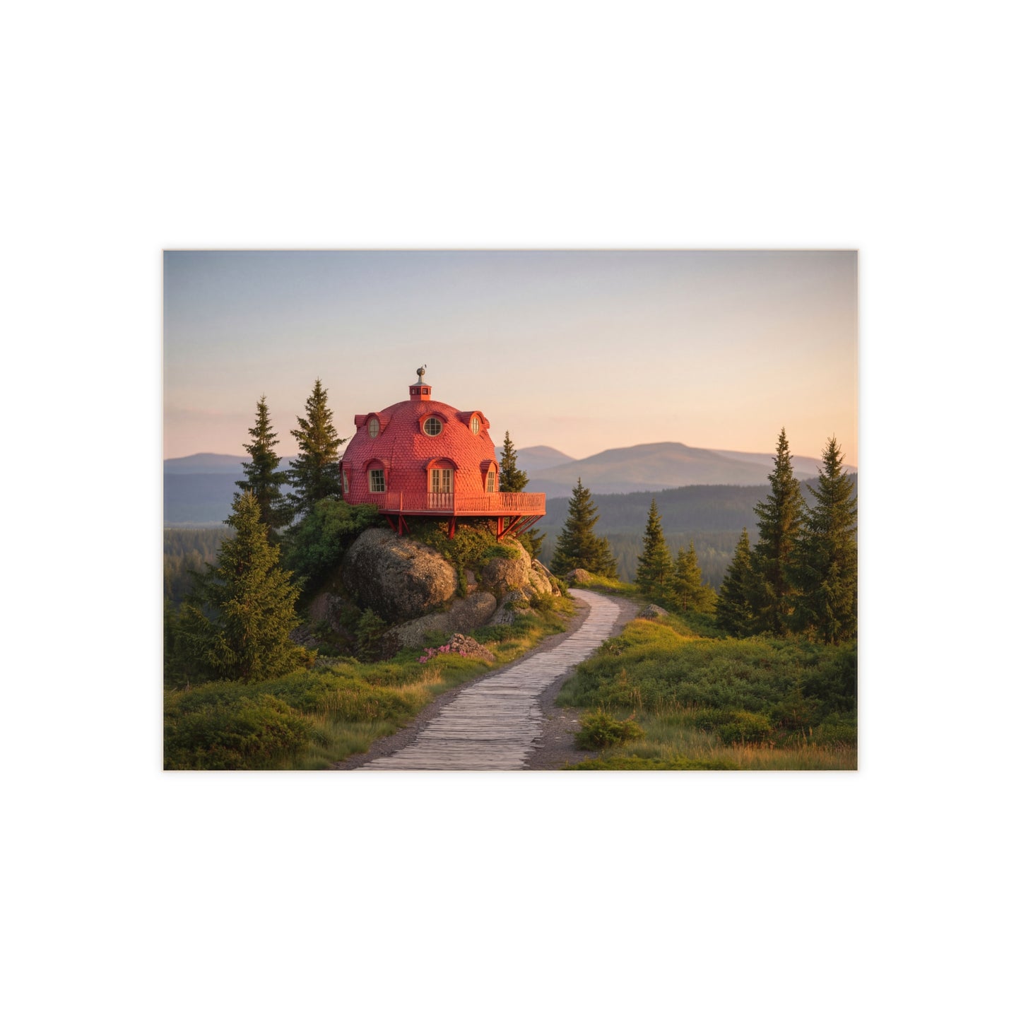 Red Dome Cottage Ceramic Photo Tile – Sunset Sanctuary on the Ridge