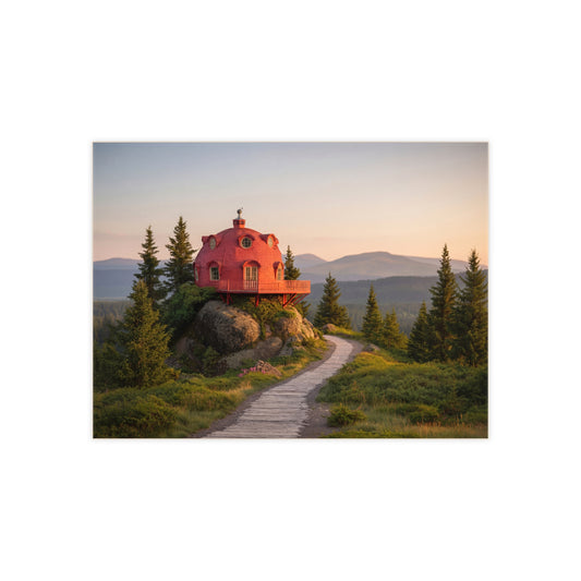 Red Dome Cottage Ceramic Photo Tile – Sunset Sanctuary on the Ridge