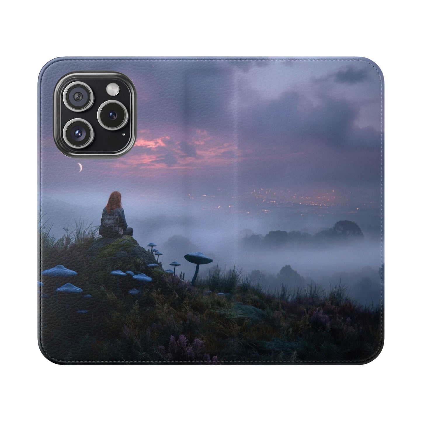 Misty Hilltop Flip Cases – Red-Haired Wanderer at Twilight