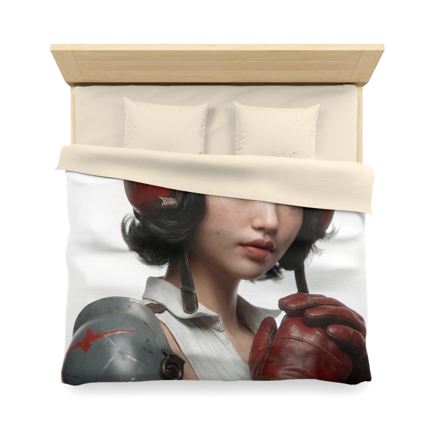 Vintage Pilot Portrait Microfiber Duvet Cover – Crimson Goggles & Steel Helm