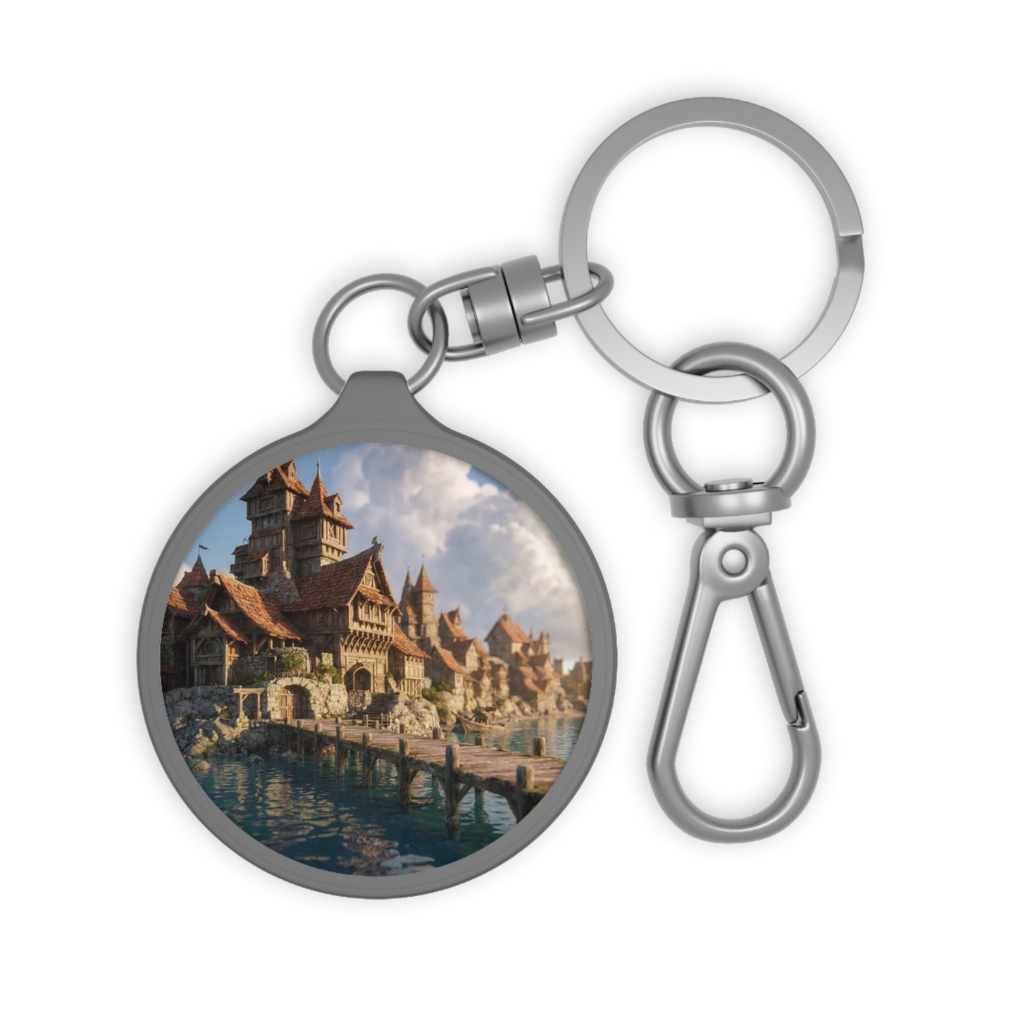 Coastal Viking Village Keyring Tag – Sunlit Stone & Timber Haven