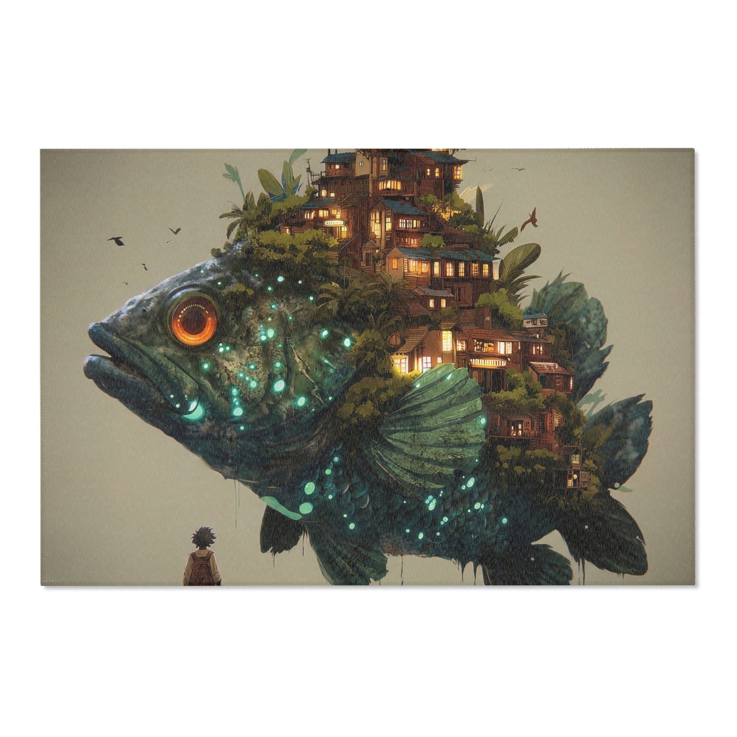 Giant Bioluminescent Fish Home Rug – Whimsical Underwater Village Dreamscape