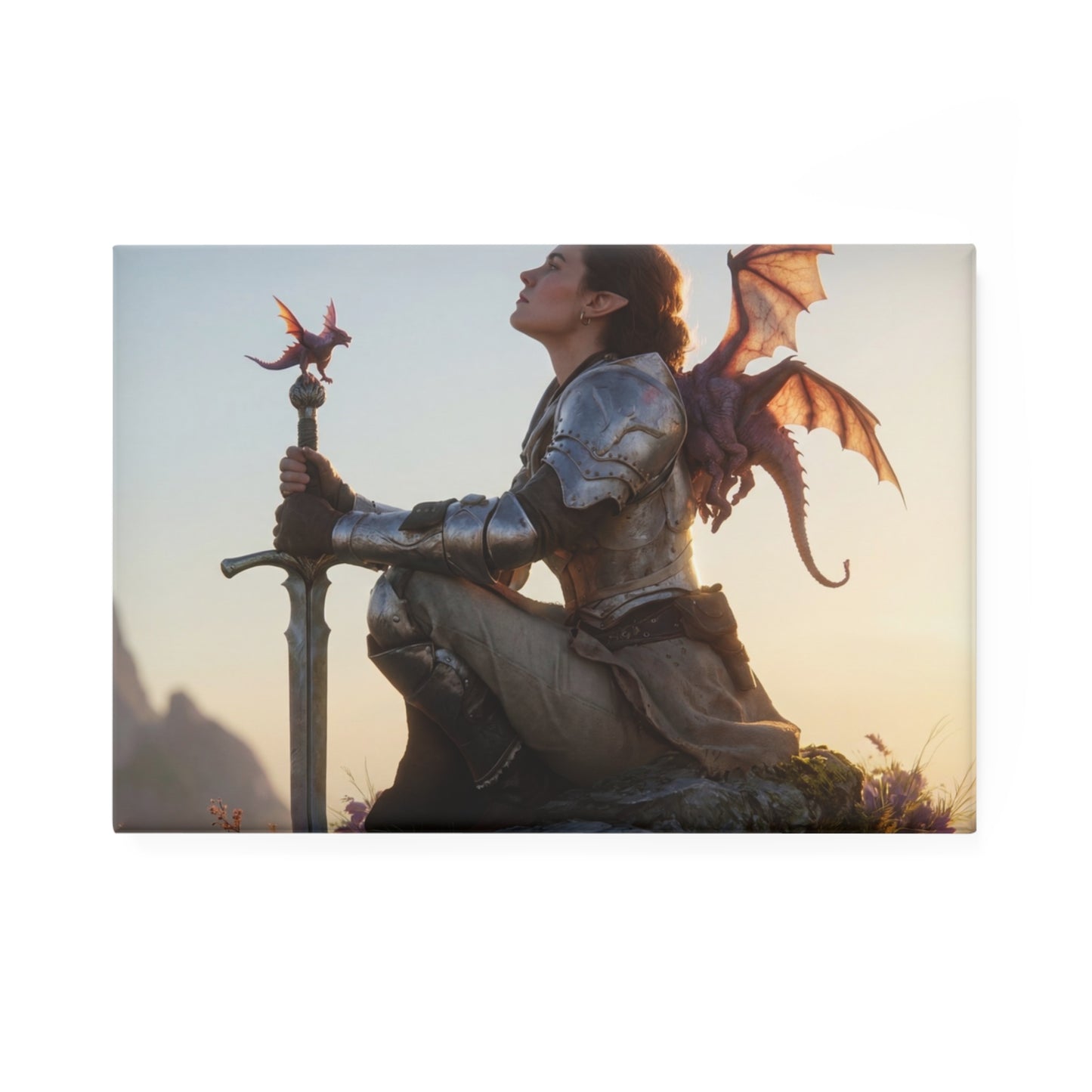 Dragon Knight with Sword Button Magnet, Rectangle (1 & 10 pcs) – Sunset Sentinel on the Mountain Peak