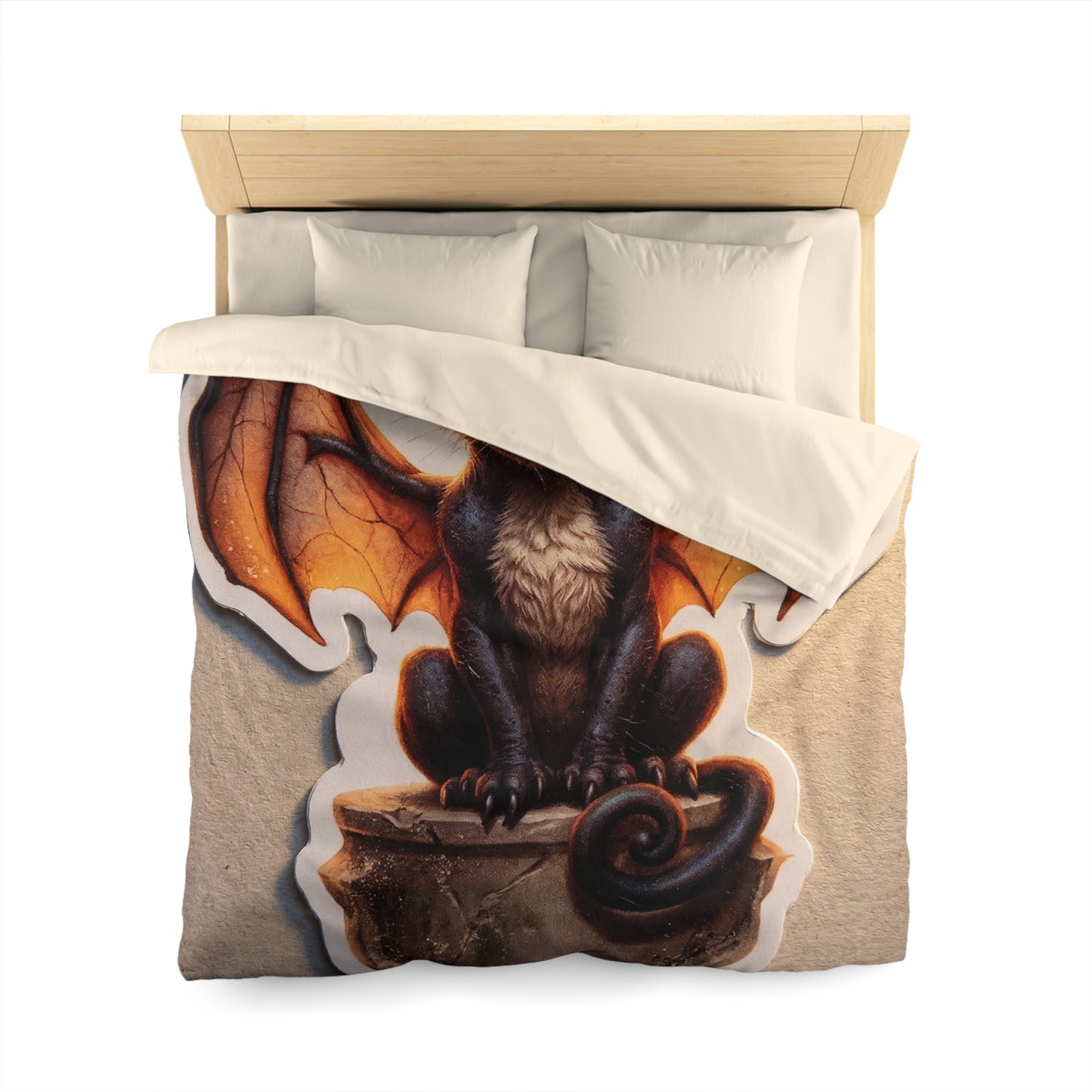 Winged Feline Guardian Microfiber Duvet Cover – Amber Glow in Midnight Stillness
