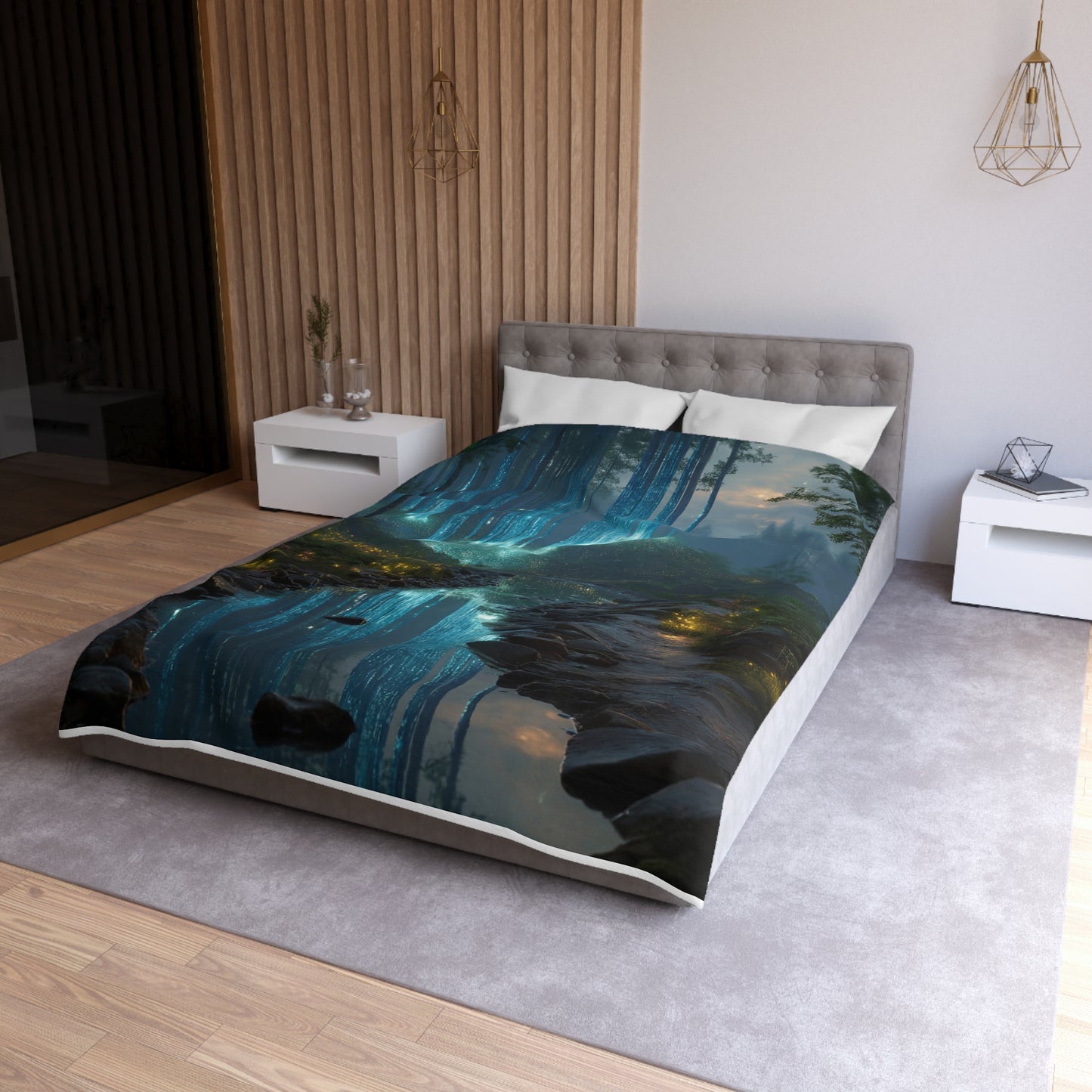 Celestial Waterfall Forest Microfiber Duvet Cover – Azure Light Reverie