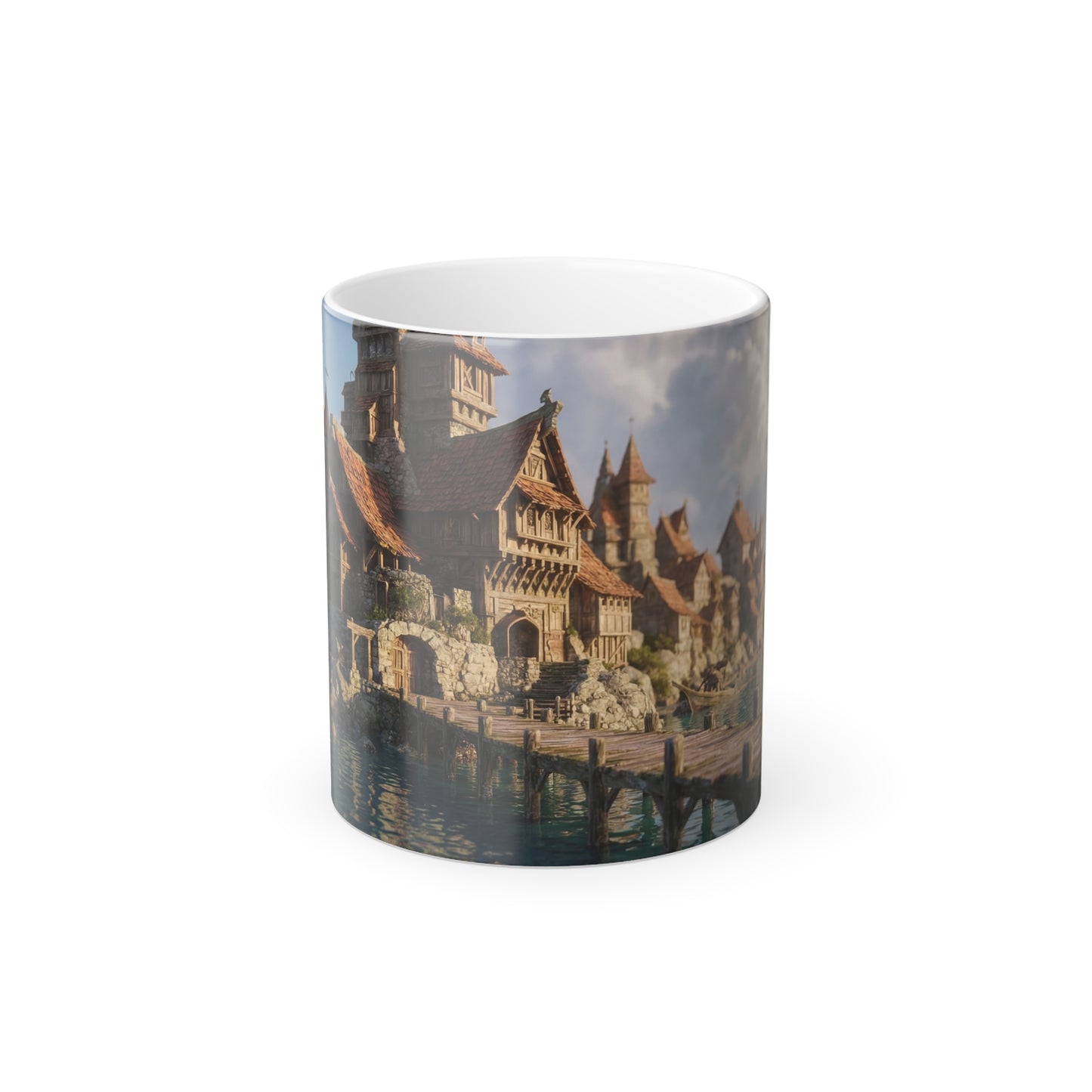Coastal Timber Village Color Morphing Mug – Sunlit Pier and Stone Spire