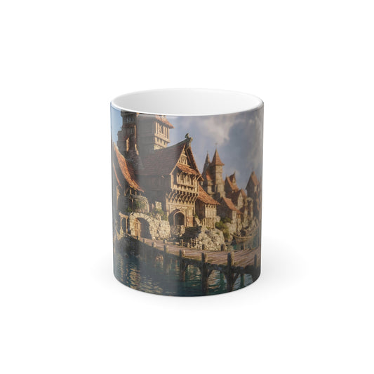 Coastal Timber Village Color Morphing Mug – Sunlit Pier and Stone Spire
