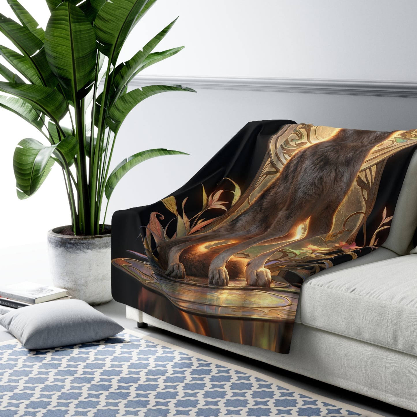 Regal Wolf Throne Sherpa Fleece Blanket – Golden Light and Art Nouveau Grace