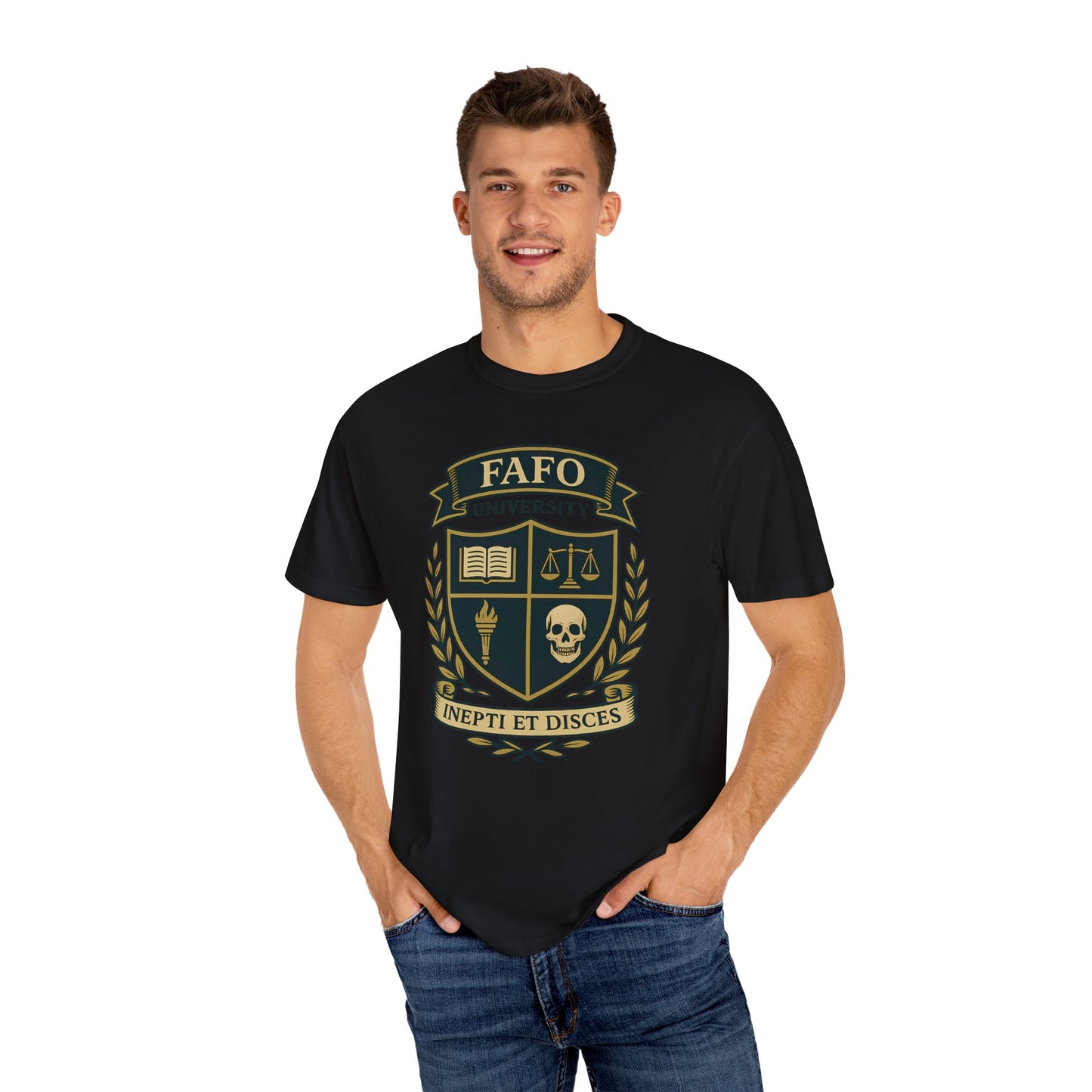 FAFO University Crest Tee - Gothic Skull & Book Shield Design
