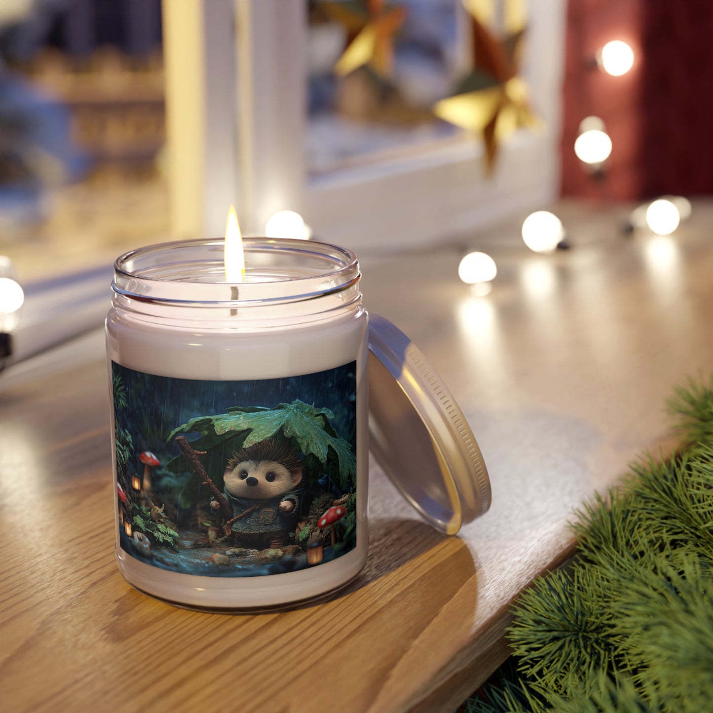 Rain-Slicked Forest Hedgehog Scented Soy Candles with White Lid, 9oz – Tiny Explorer’s Twilight Refuge