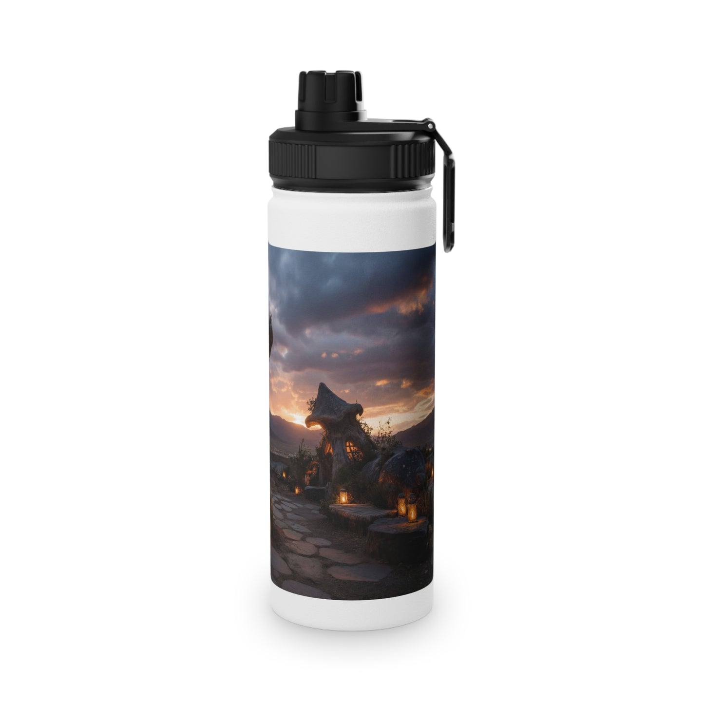 Mushroom Grove Retreat Stainless Steel Water Bottle, Sports Lid – Twilight Fairy Home Dreamscape
