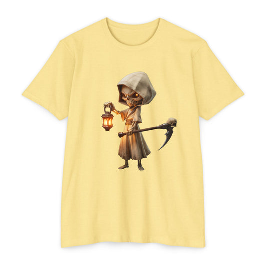 Lantern-Bearing Grim Reaper T-shirt – Hooded Sentinel with Scythe