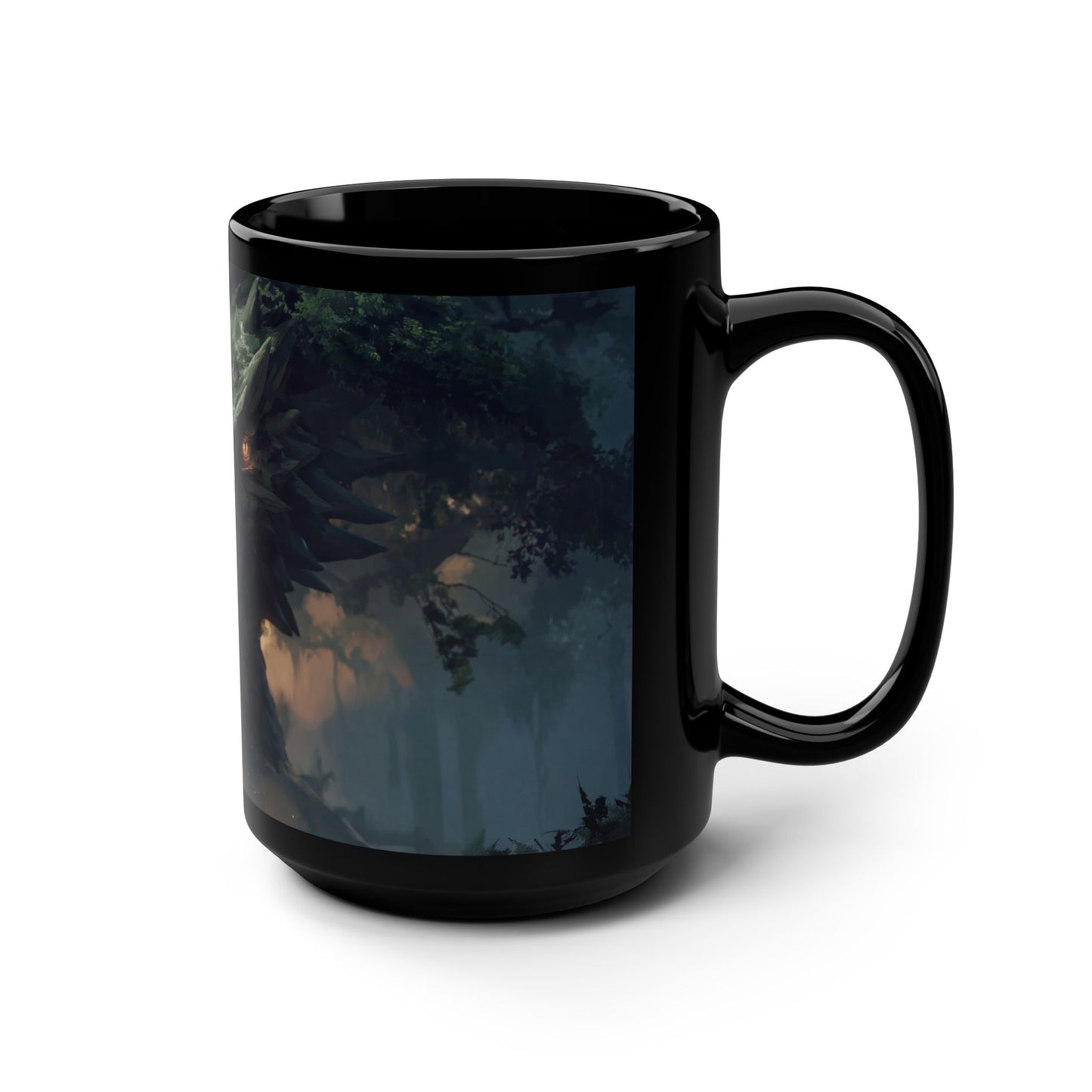 Ancient Guardian Dragon Black Mug, 15oz – Moss-Covered Forest Sentinel