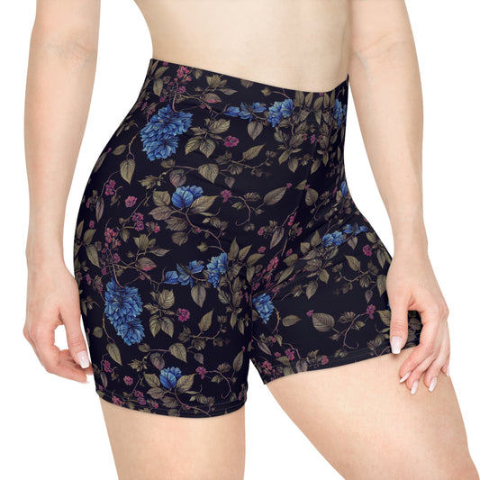 dense tiling floral pattern of thorns and flowers and vines and leaves, dark rich colors, deep blue background of velvet, fancy, intricate, ornate, by mucha and maxfield parrish - Women's Biker Shorts