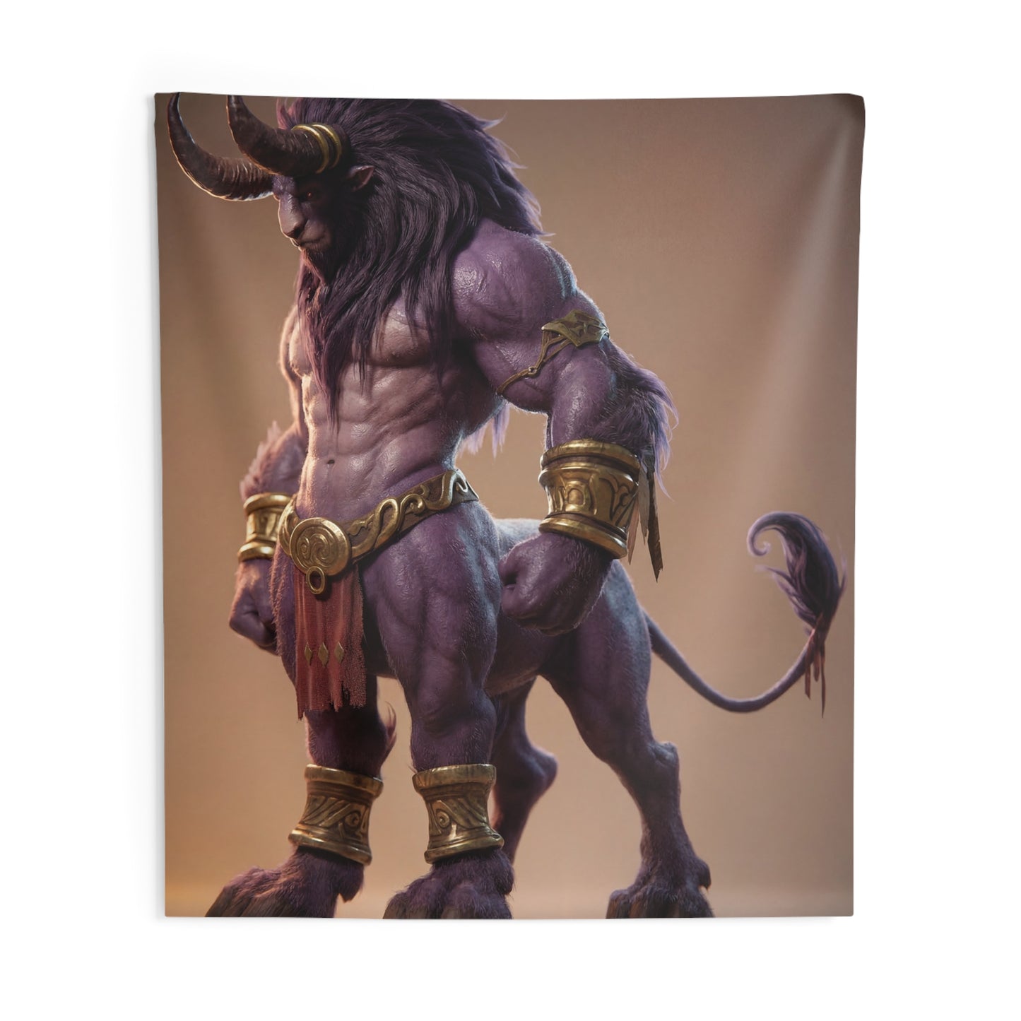 Purple Bull Sentinel Indoor Wall Tapestries – Mythic Warrior in Golden Bands