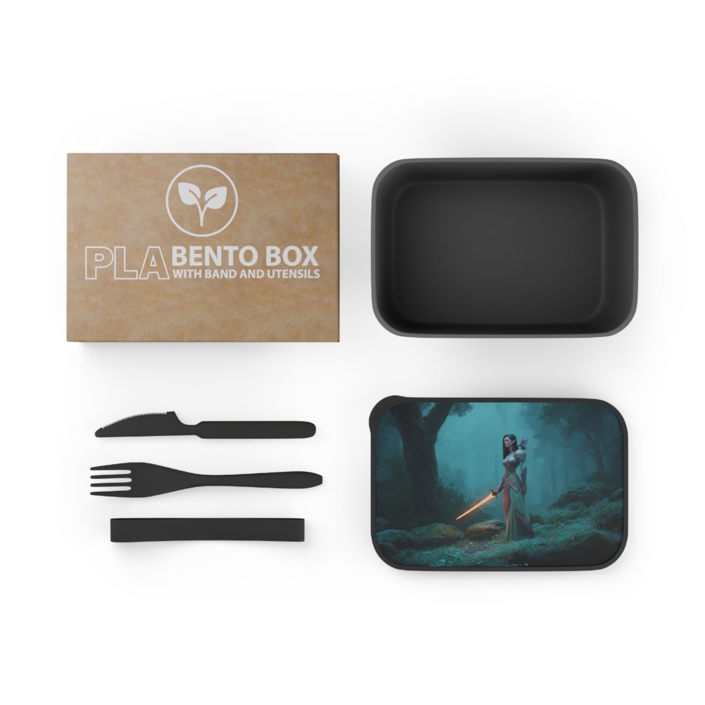 Elven Warrior with Glowing Sword PLA Bento Box with Band and Utensils – Twilight Grove Guardian