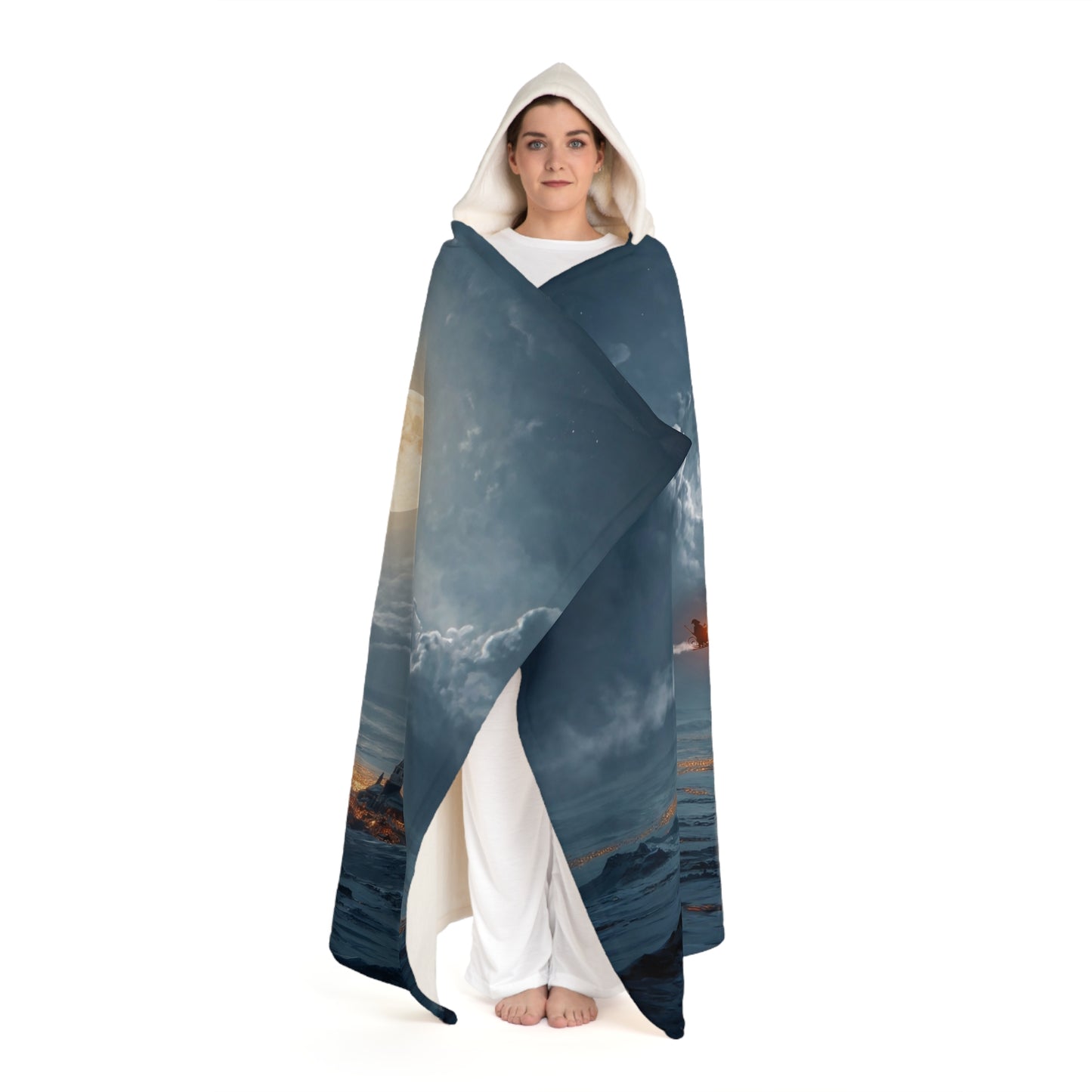 Midnight Sleigh Ride Hooded Sherpa Fleece Blanket – Warmth Under a Full Moon
