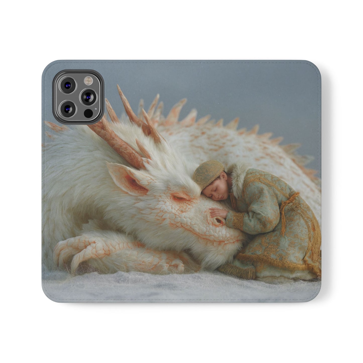 Sleeping Child and Dragon Flip Cases – Snowy Guardian Embrace