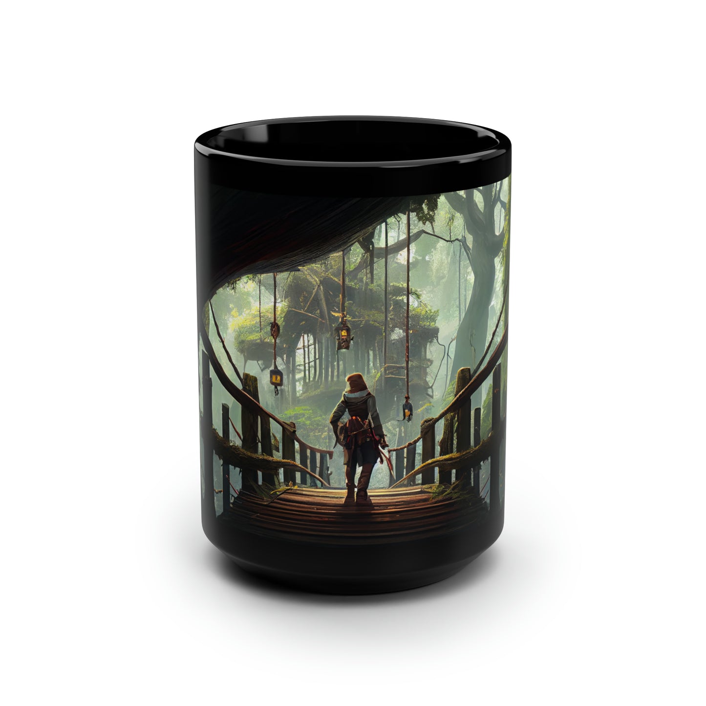 a dnd adventurer standing on a rope bridge between two giant trees among a treetop village in the forest - Mug, Black