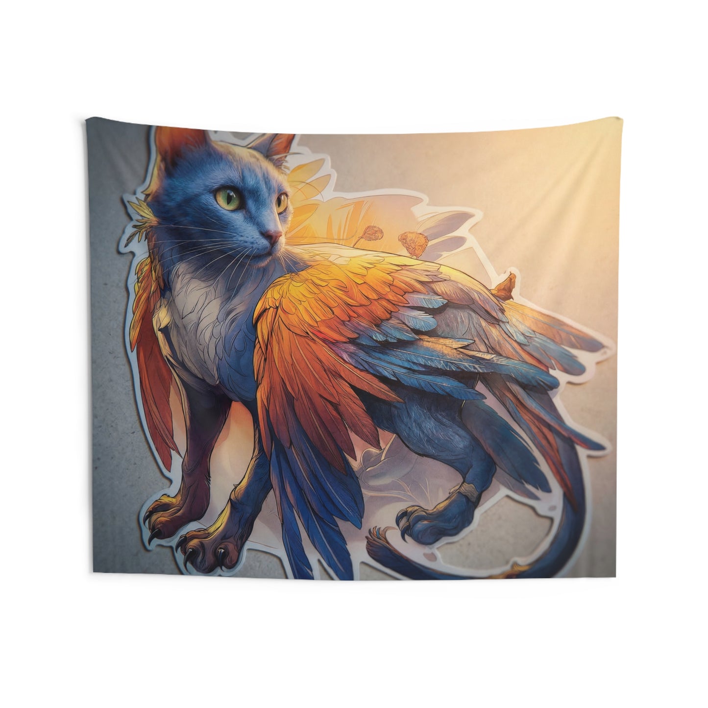 Azure Winged Cat Indoor Wall Tapestries – Sunset Guardian of the Hearth