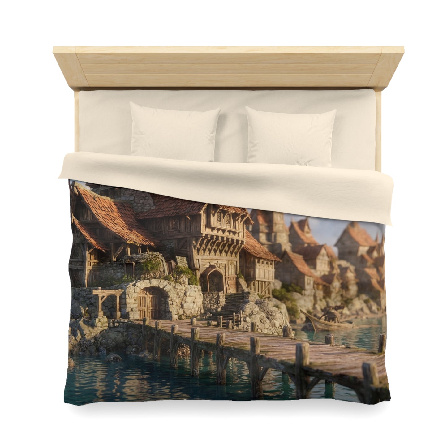 Seafarer’s Haven Microfiber Duvet Cover – Sunlit Harbor Dreamscape