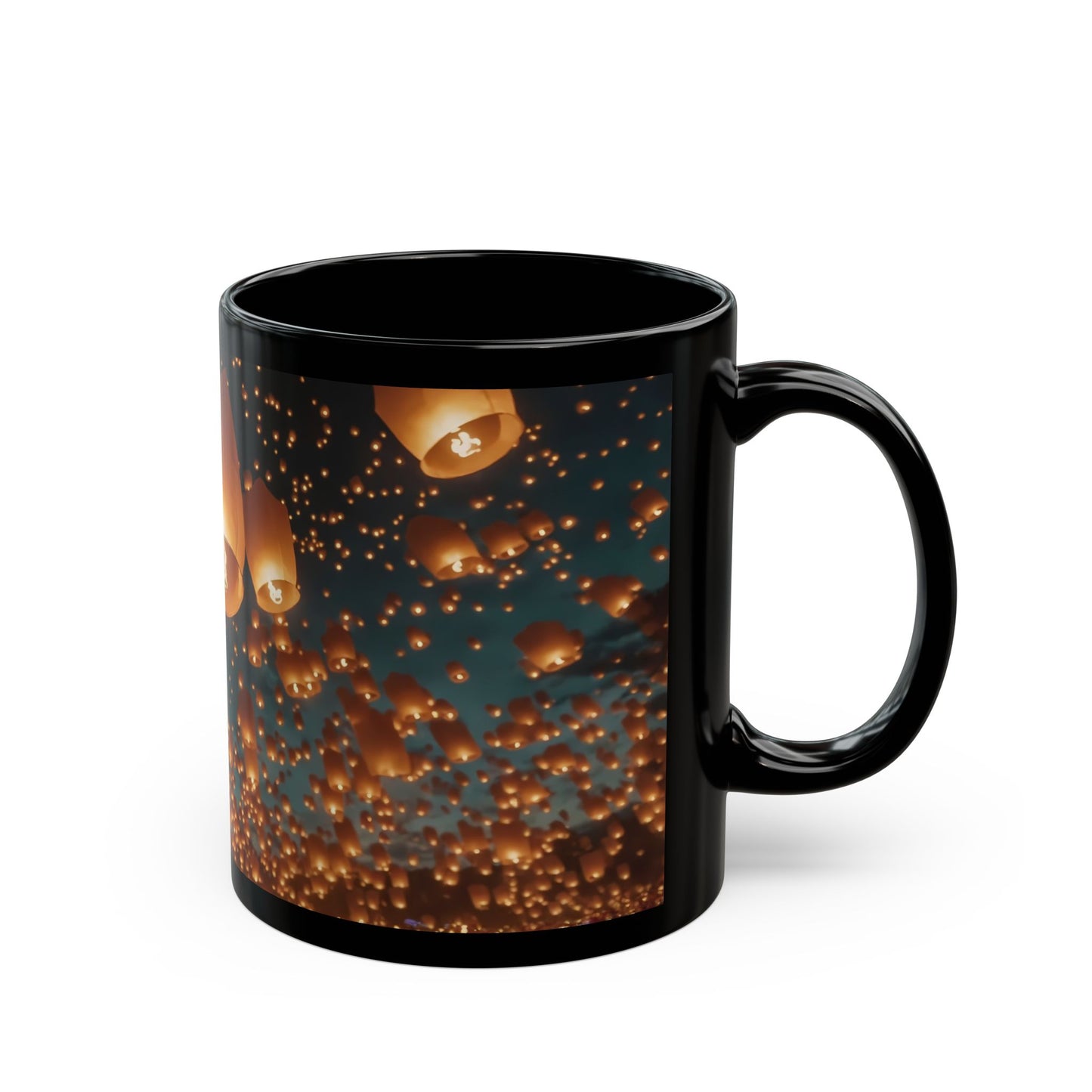 Skyborne Lanterns Black Mug – Warm Glow of Shared Wishes