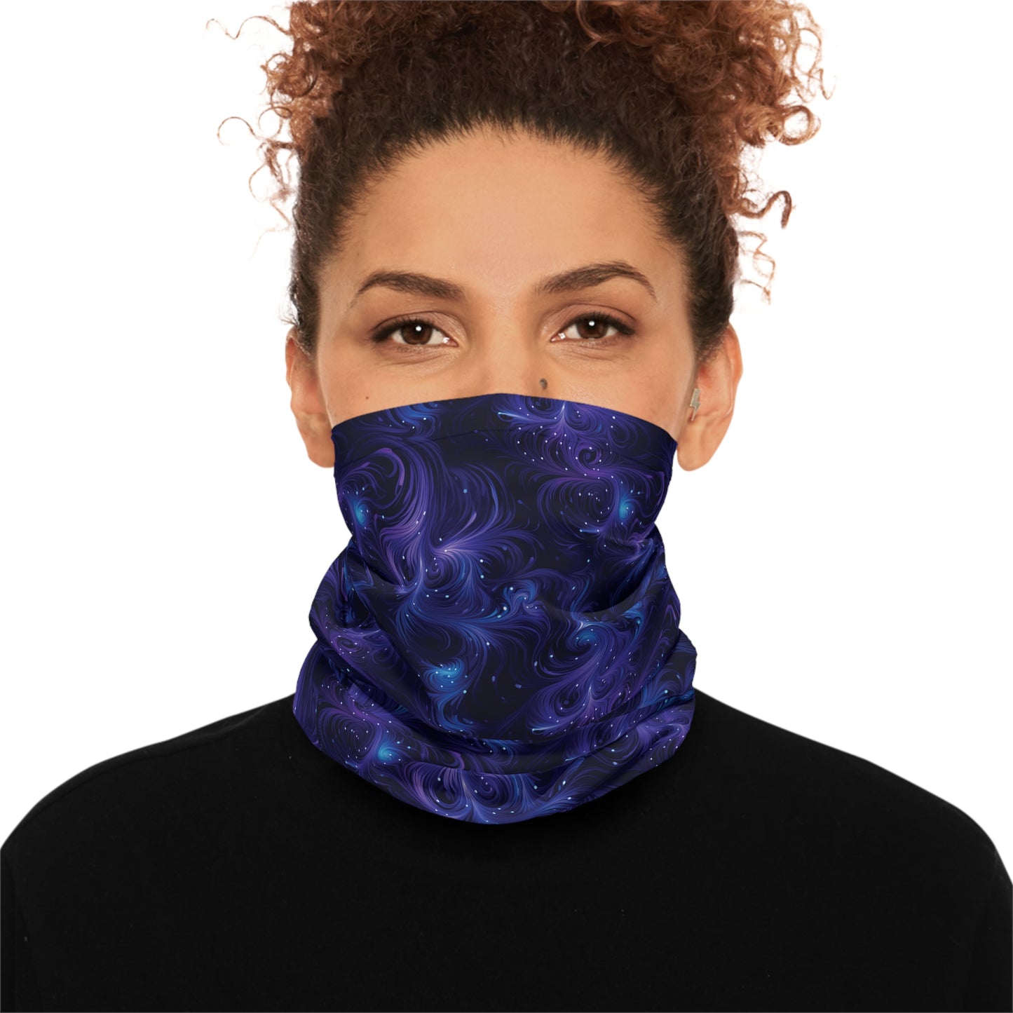 "A tiling pattern of swirling blue and purple fractal shapes reminiscent of galaxy nebulae on a midnight blue background" - Lightweight Neck Gaiter