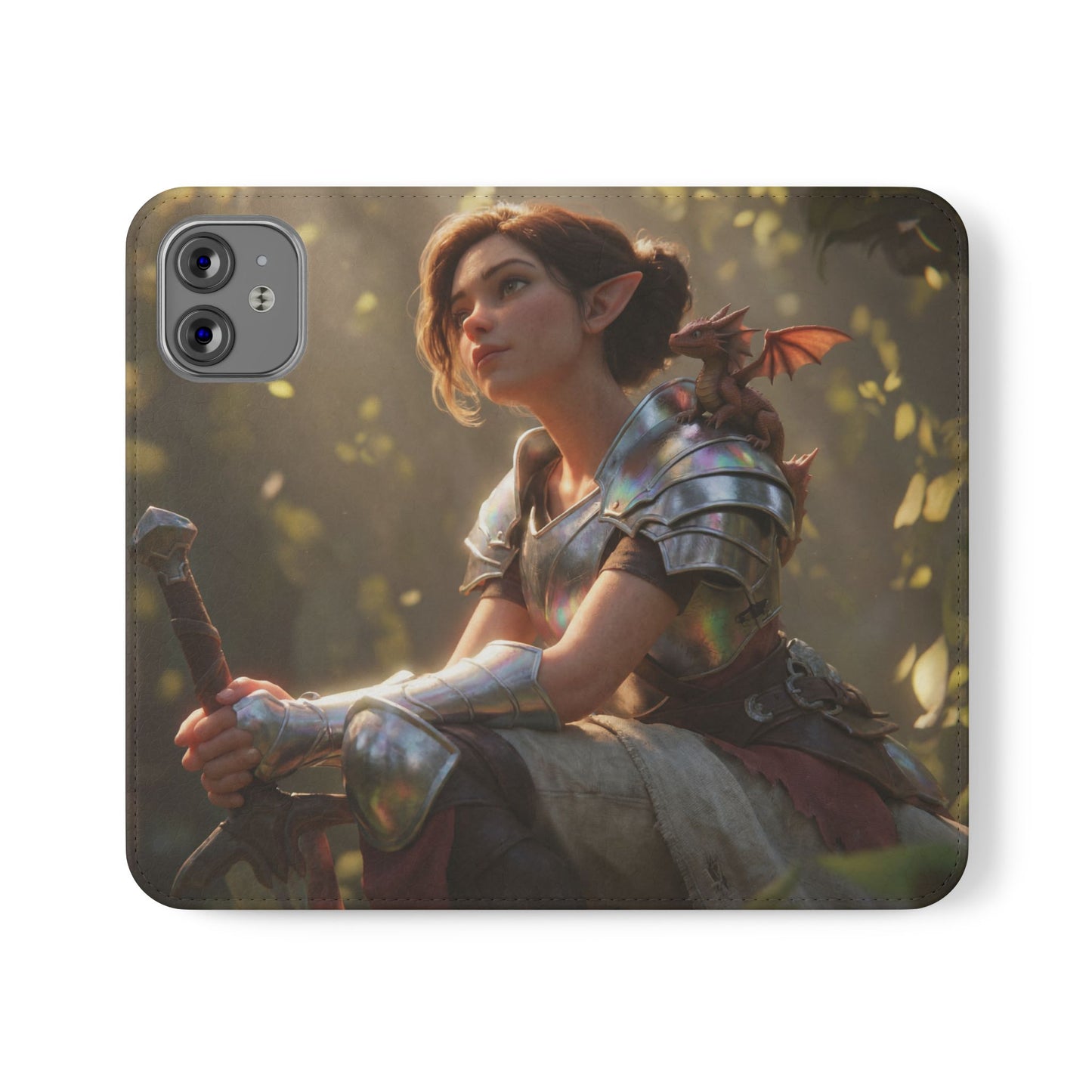 Elven Knight with Dragon Flip Cases – Iridescent Armor & Tiny Guardian Portrait