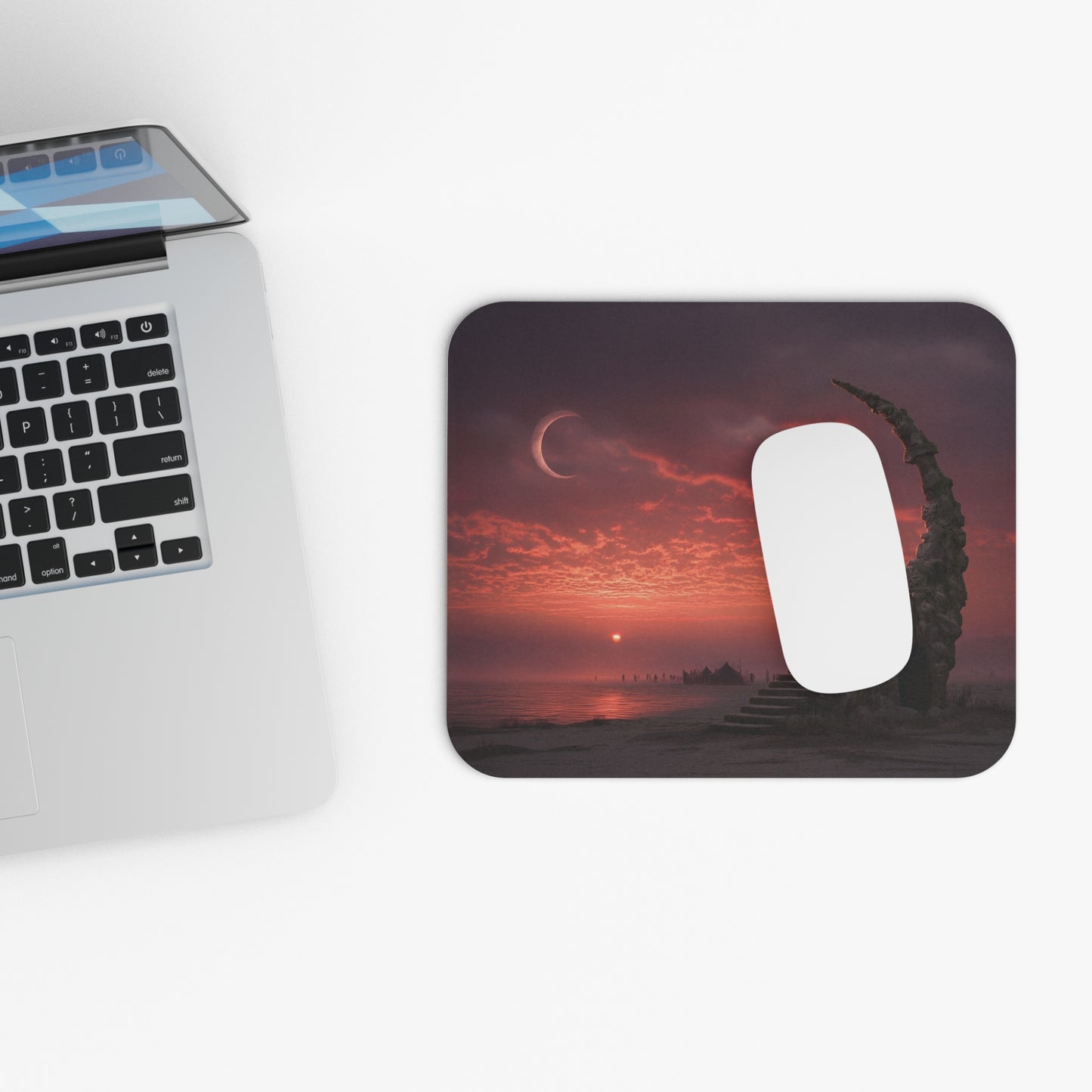 Lone Traveler Ascending Staircase Mouse Pad – Crimson Twilight Odyssey