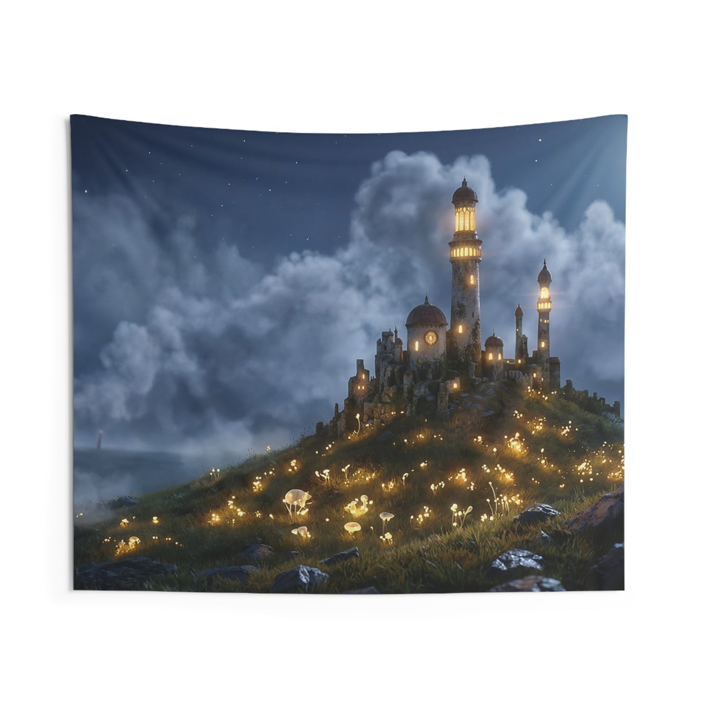 Moonlit Lighthouse Castle Tapestry – Whispers of the Night Watch