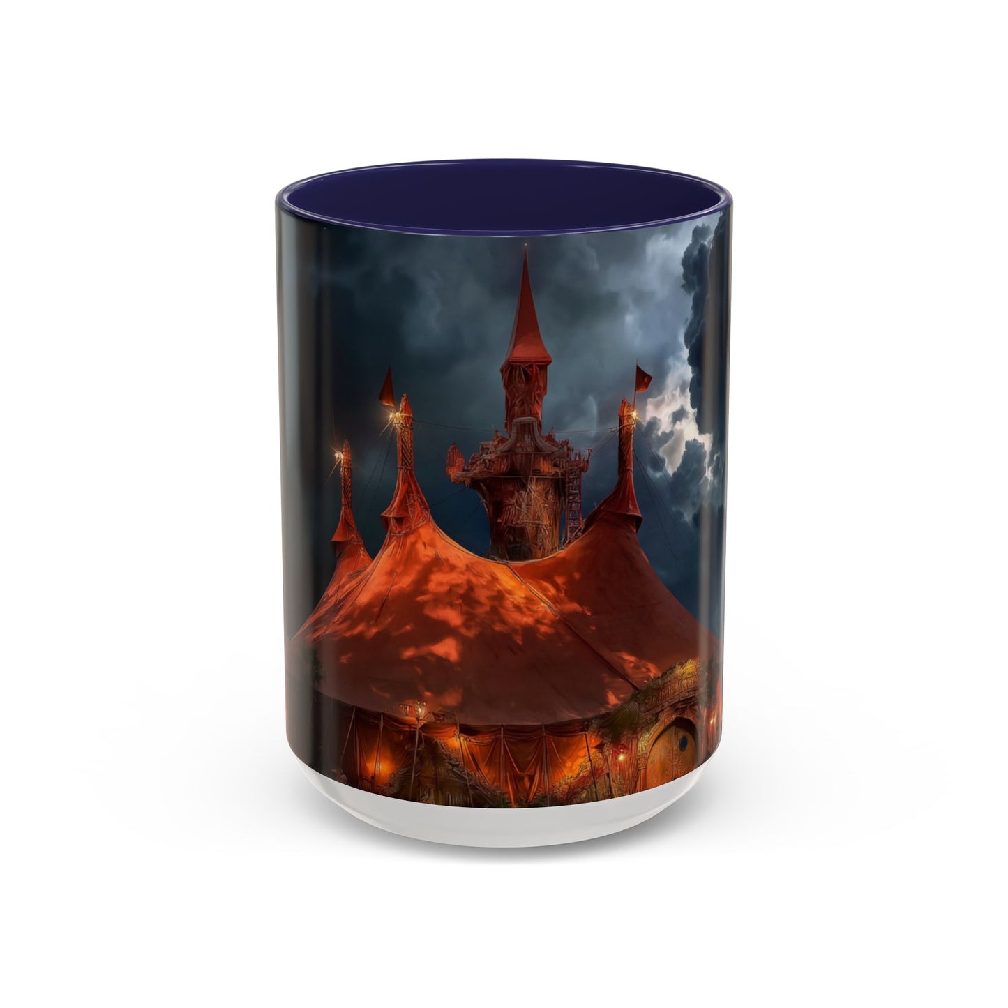 Crimson Circus Tent Accent Coffee Mug (11, 15oz) – Neon Nightscape Under Thunderclouds