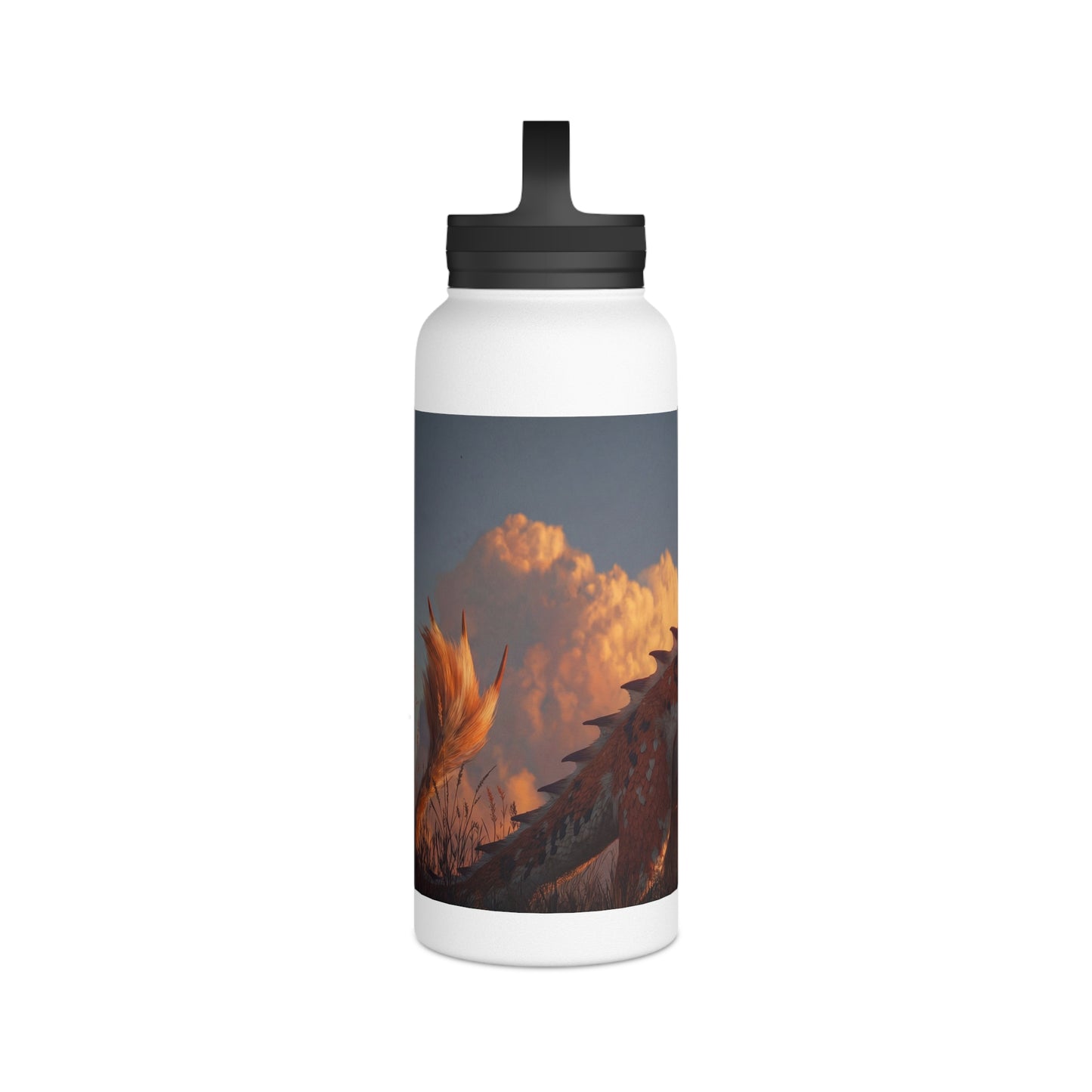 Sunset Guardian Dragon Stainless Steel Water Bottle, Handle Lid – Amber Sky Companion