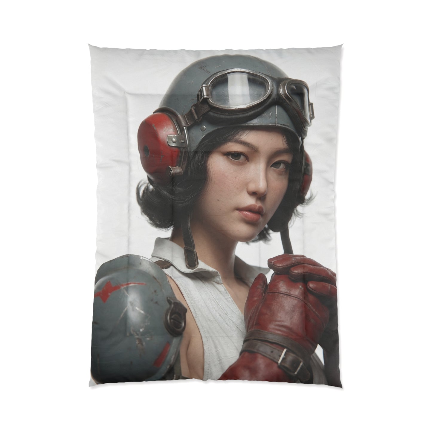 Vintage Pilot Portrait Comforter – Crimson Goggles & Skyward Gaze