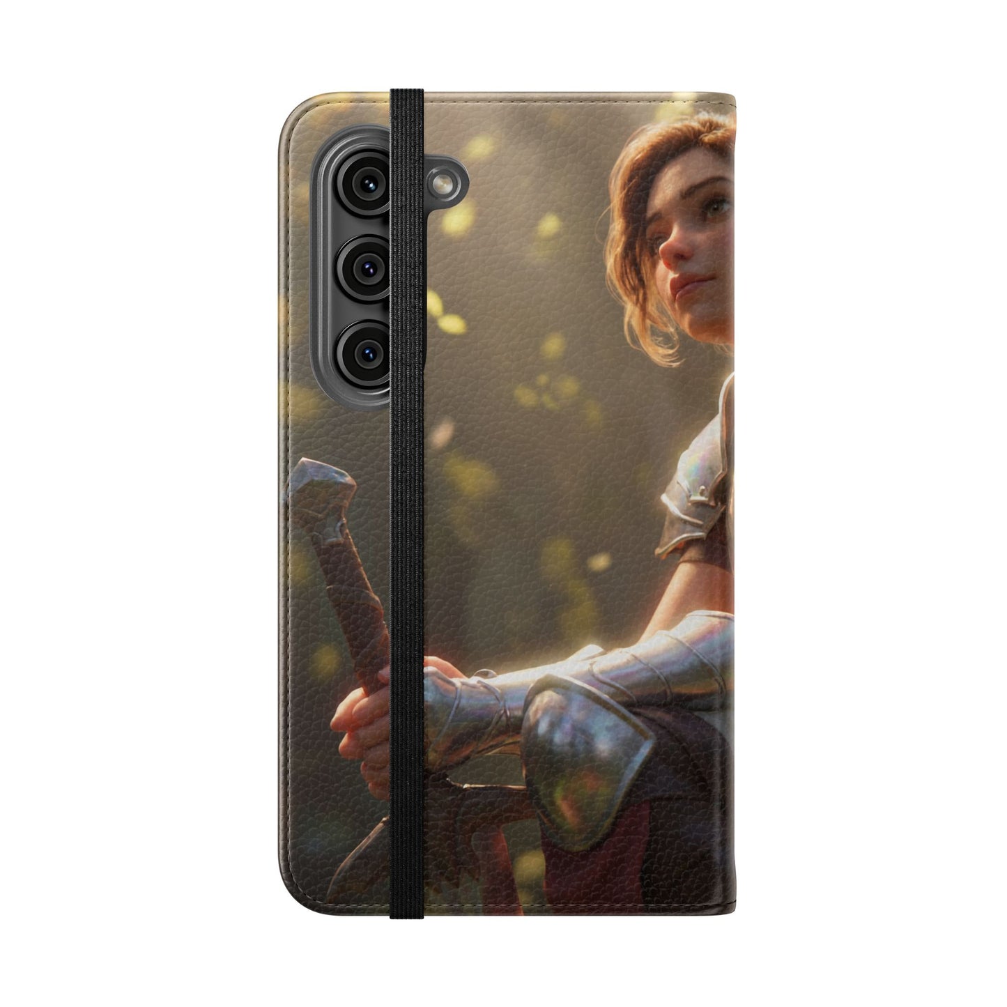 Elven Knight with Dragon Flip Cases – Iridescent Armor & Tiny Guardian Portrait