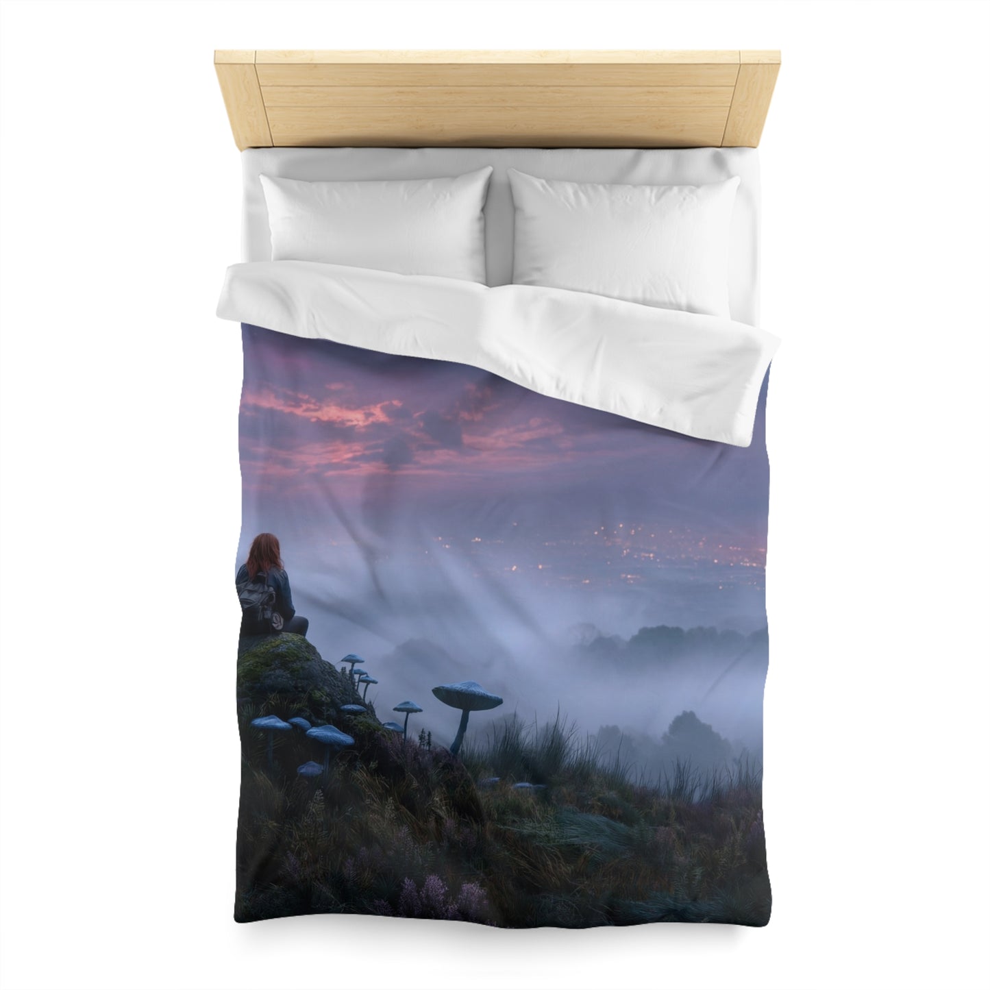 Moonlit Wanderer Microfiber Duvet Cover – Twilight Vista with Bioluminescent Fungi