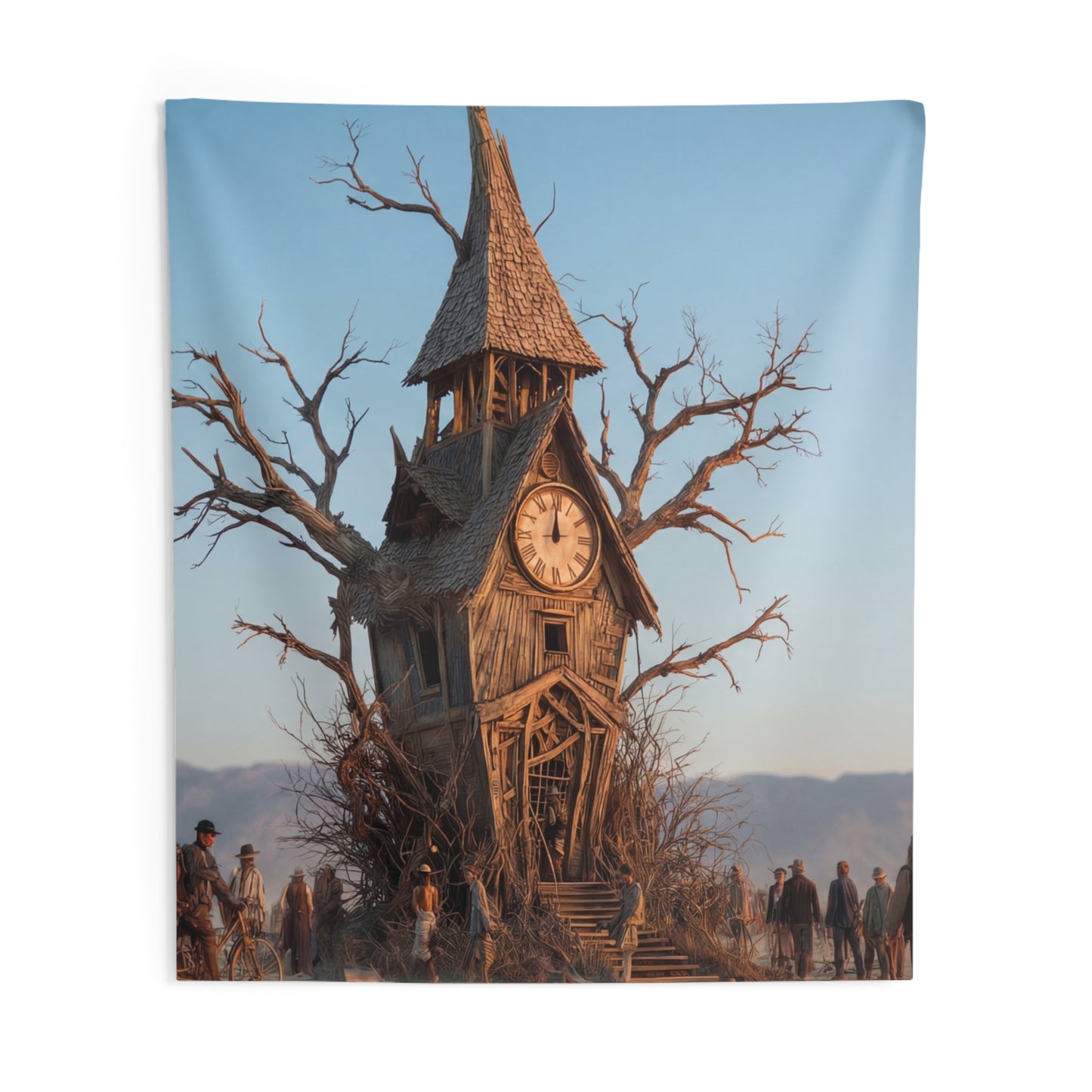 Clock Tower in the Desert Tree Indoor Wall Tapestries – A Quiet Passage Through Time