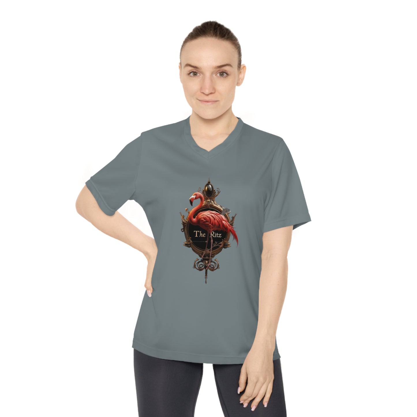 Velvet Frame Flamingo Women's Performance V-Neck T-Shirt – Ornate Gold Ritz Crest