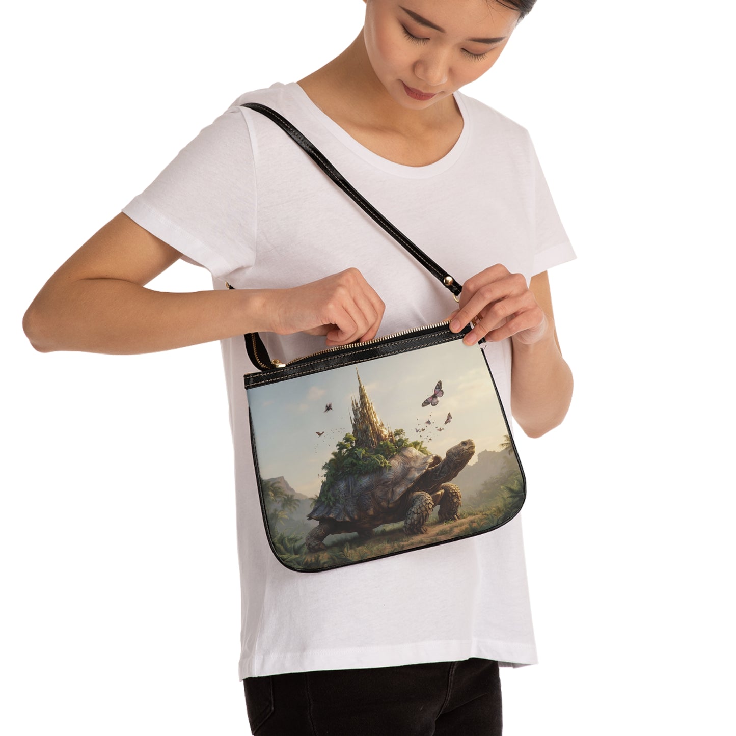 Castle-Sailing Tortoise Shoulder Bag – Sunset Realm of Whispers